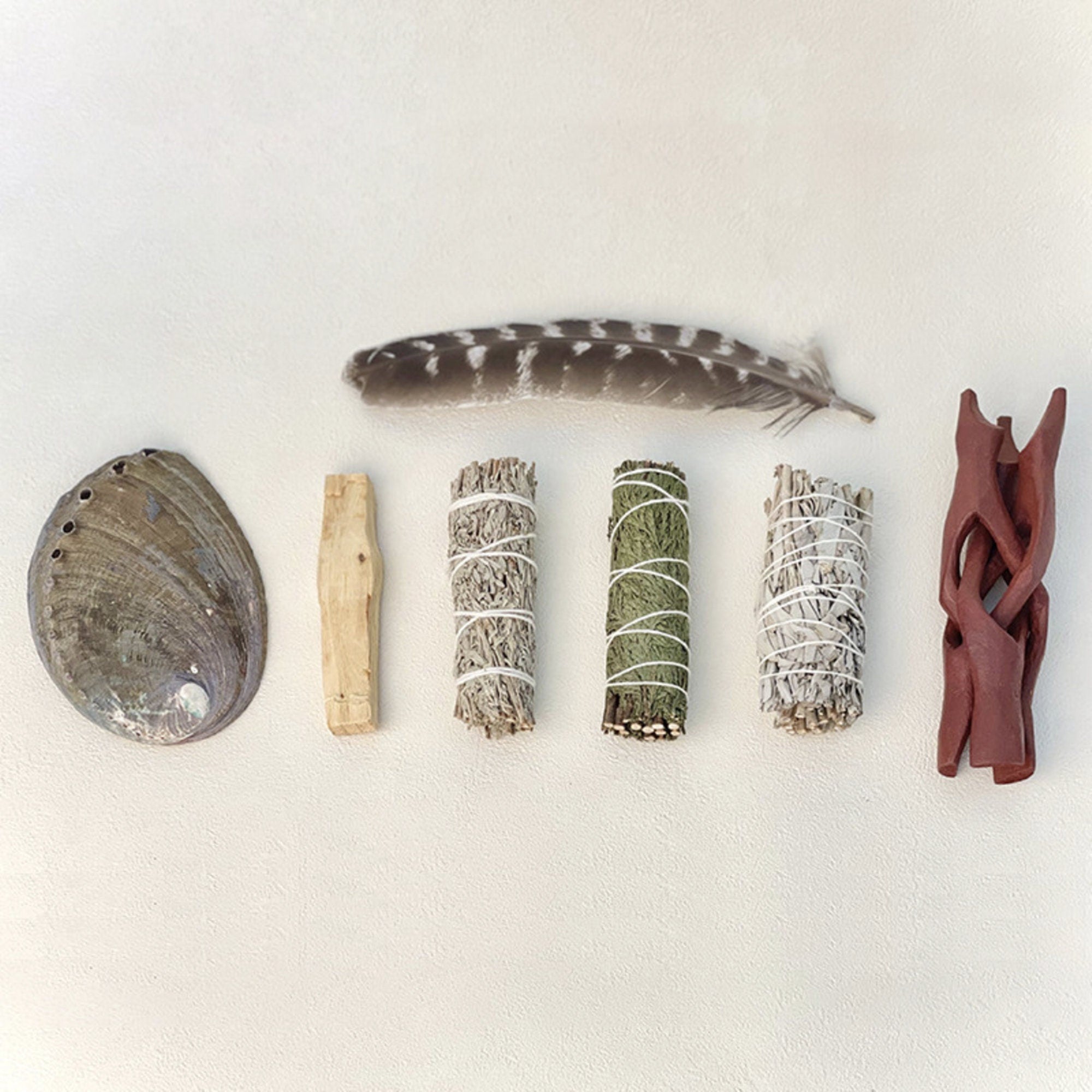 Sage Stain Kit, Smudging Kit- White Sage, Blue Sage, Cedar, Palo Santo, Abalone Shell, Tripod and Feathers! Aromatherapy Meditation Kit