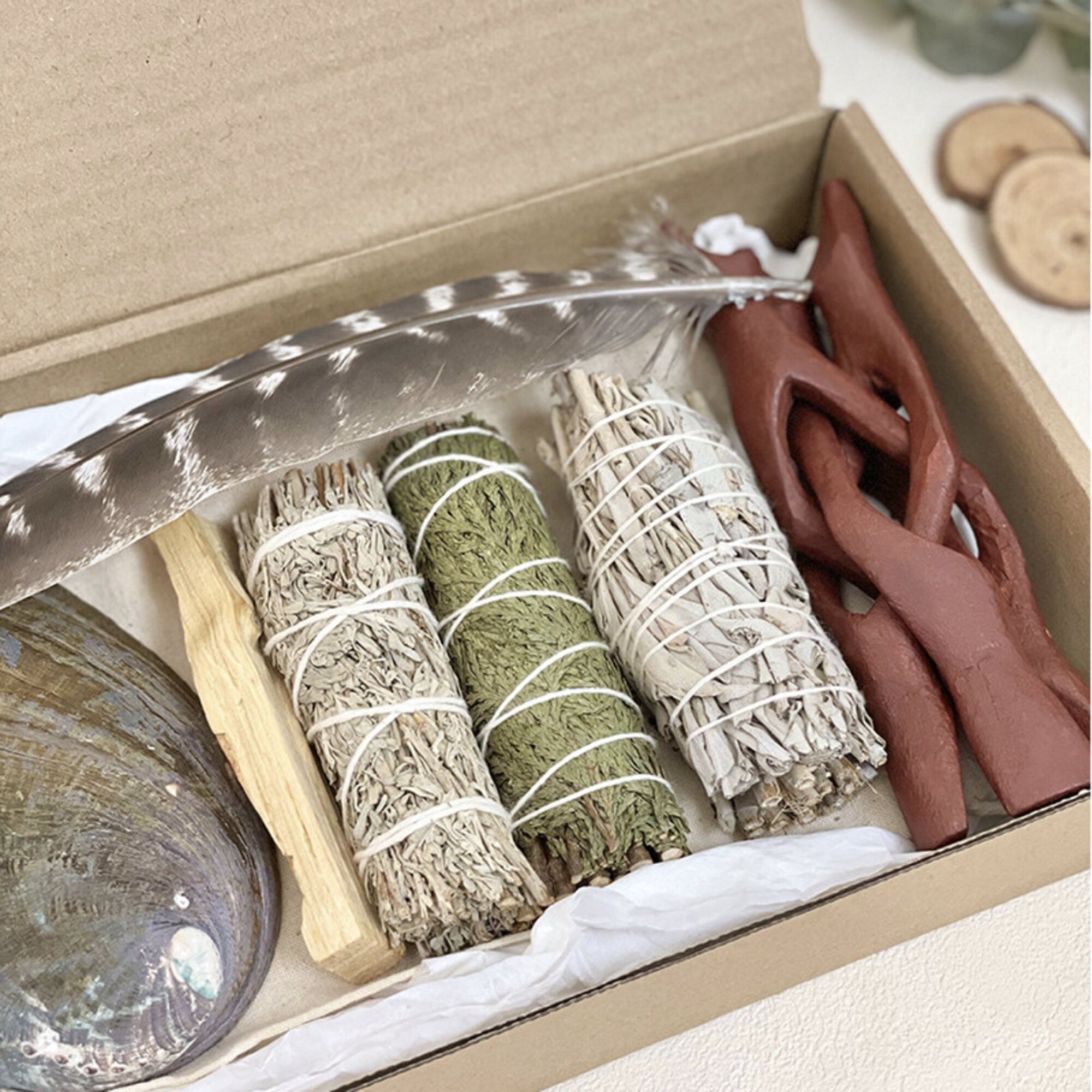 Sage Stain Kit, Smudging Kit- White Sage, Blue Sage, Cedar, Palo Santo, Abalone Shell, Tripod and Feathers! Aromatherapy Meditation Kit