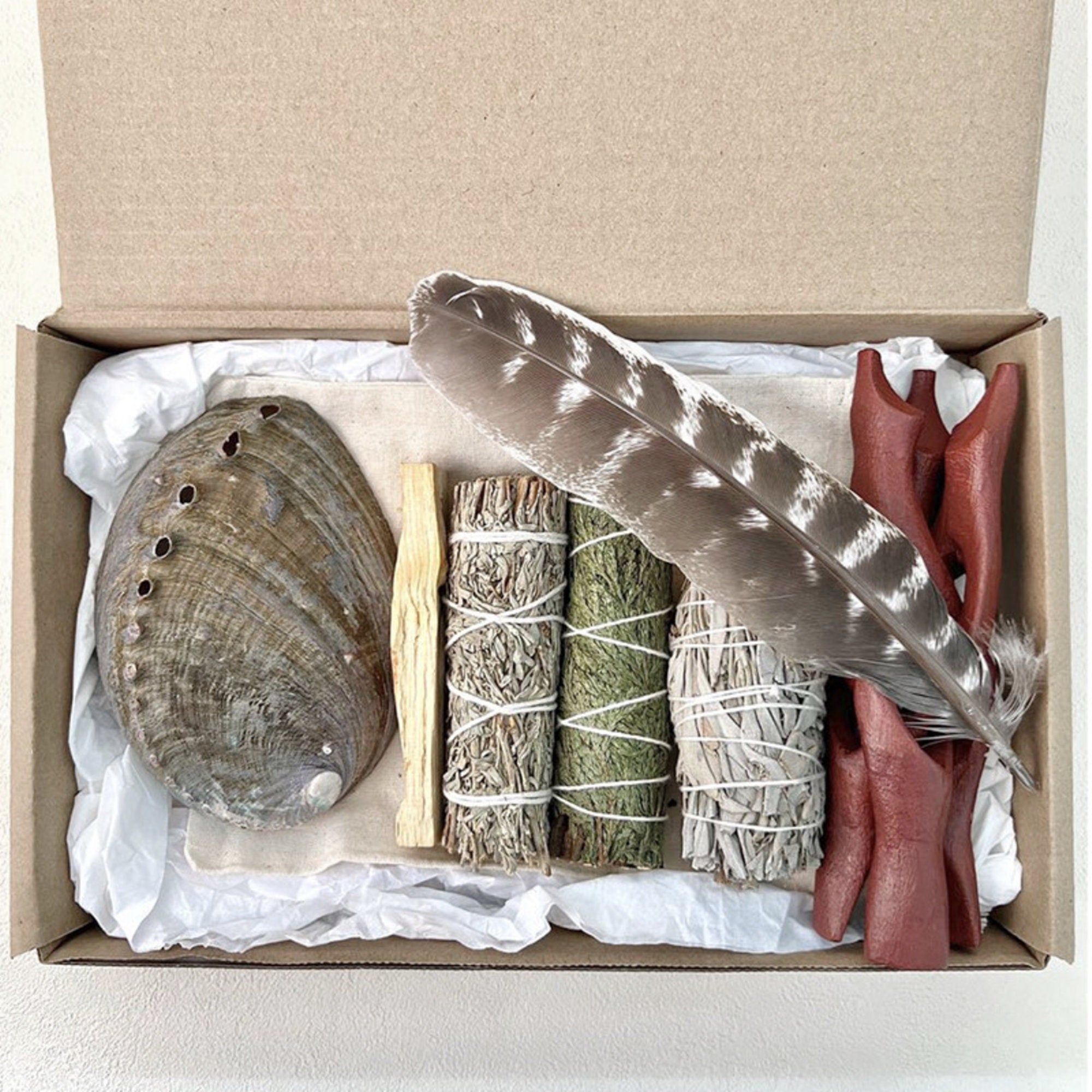 Sage Stain Kit, Smudging Kit- White Sage, Blue Sage, Cedar, Palo Santo, Abalone Shell, Tripod and Feathers! Aromatherapy Meditation Kit