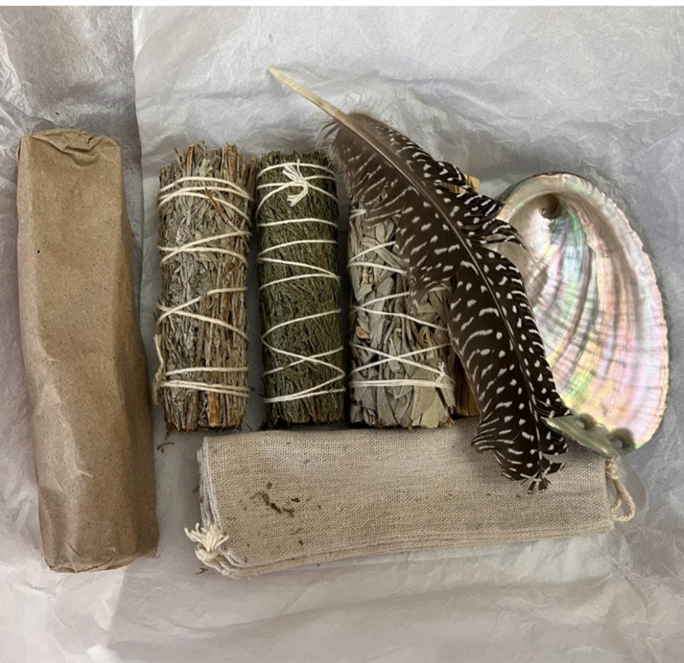Sage Stain Kit, Smudging Kit- White Sage, Blue Sage, Cedar, Palo Santo, Abalone Shell, Tripod and Feathers! Aromatherapy Meditation Kit