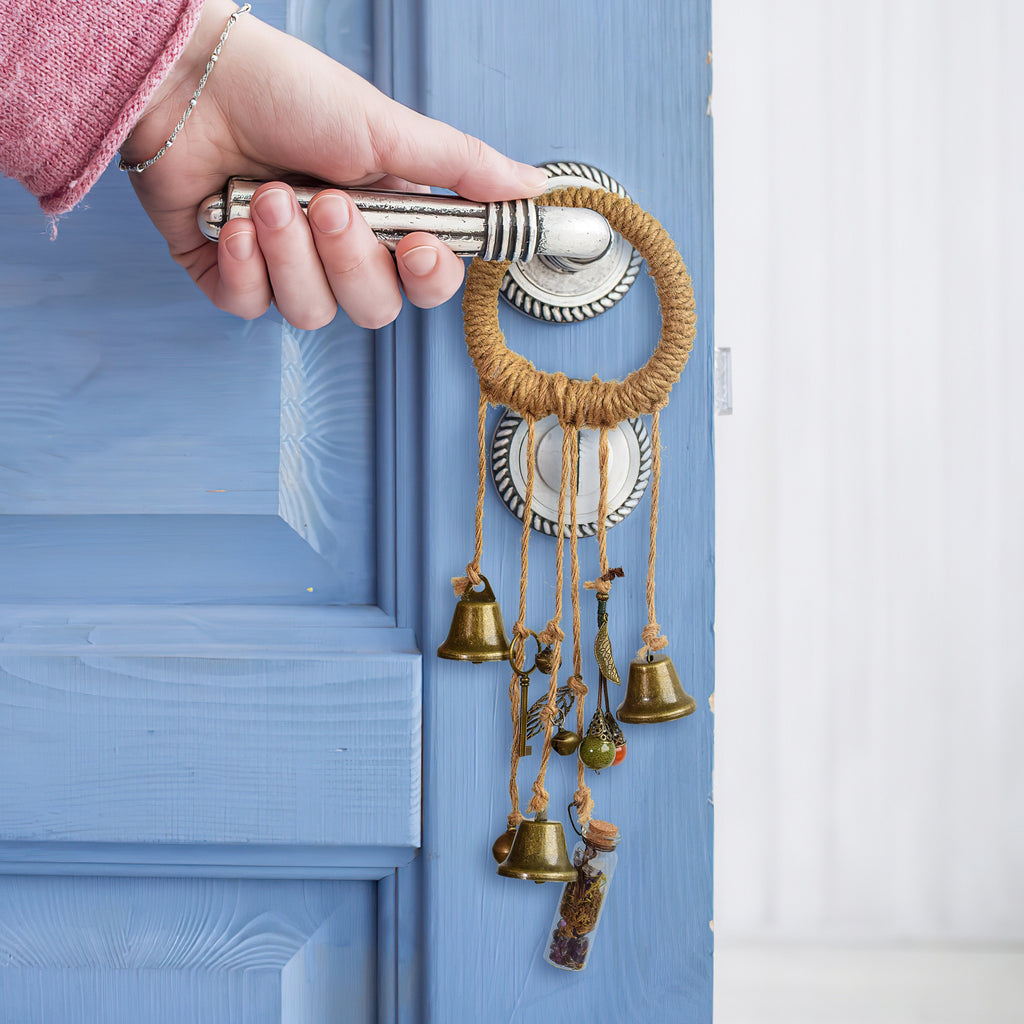 Bell Hanging with Spell Bottle, Solstice Pagan Decor, Doorknob Hanger Protection, Pagan Gate Family Protection, Witchy Bells, Spell Bottles