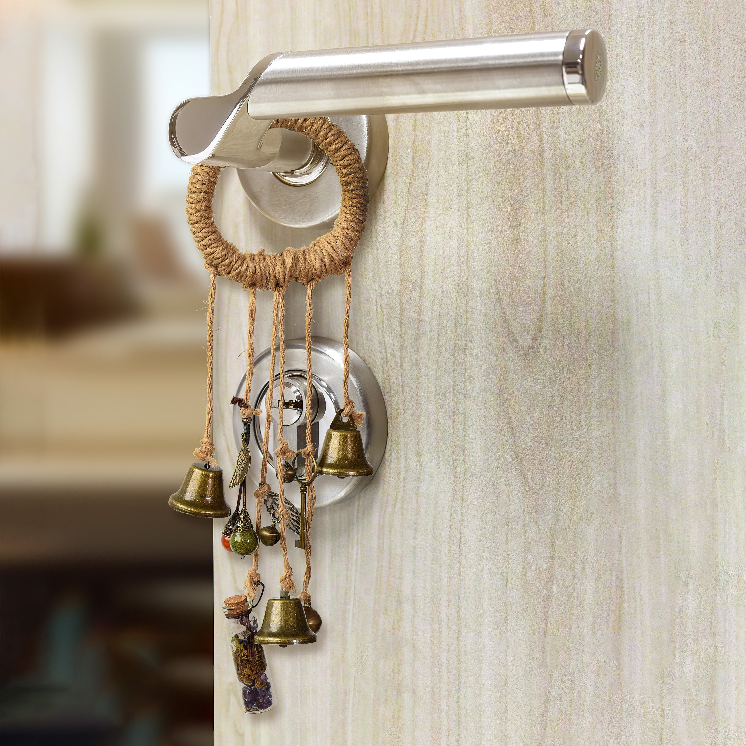 Bell Hanging with Spell Bottle, Solstice Pagan Decor, Doorknob Hanger Protection, Pagan Gate Family Protection, Witchy Bells, Spell Bottles