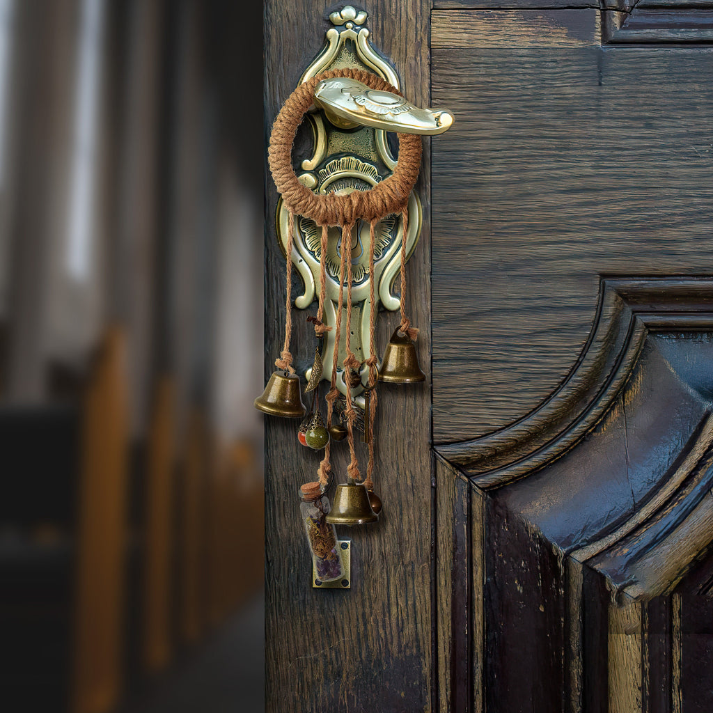 Bell Hanging with Spell Bottle, Solstice Pagan Decor, Doorknob Hanger Protection, Pagan Gate Family Protection, Witchy Bells, Spell Bottles