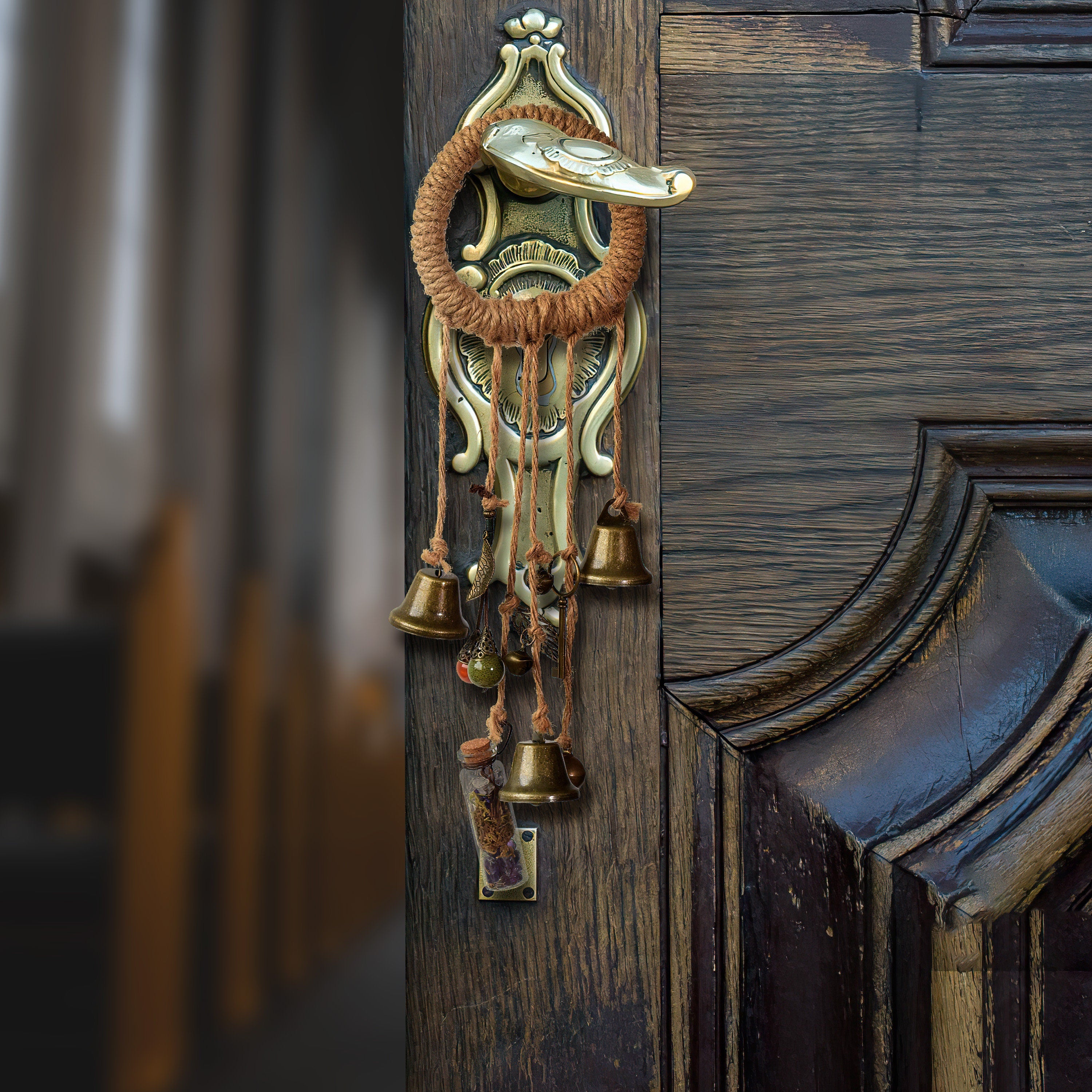Bell Hanging with Spell Bottle, Solstice Pagan Decor, Doorknob Hanger Protection, Pagan Gate Family Protection, Witchy Bells, Spell Bottles
