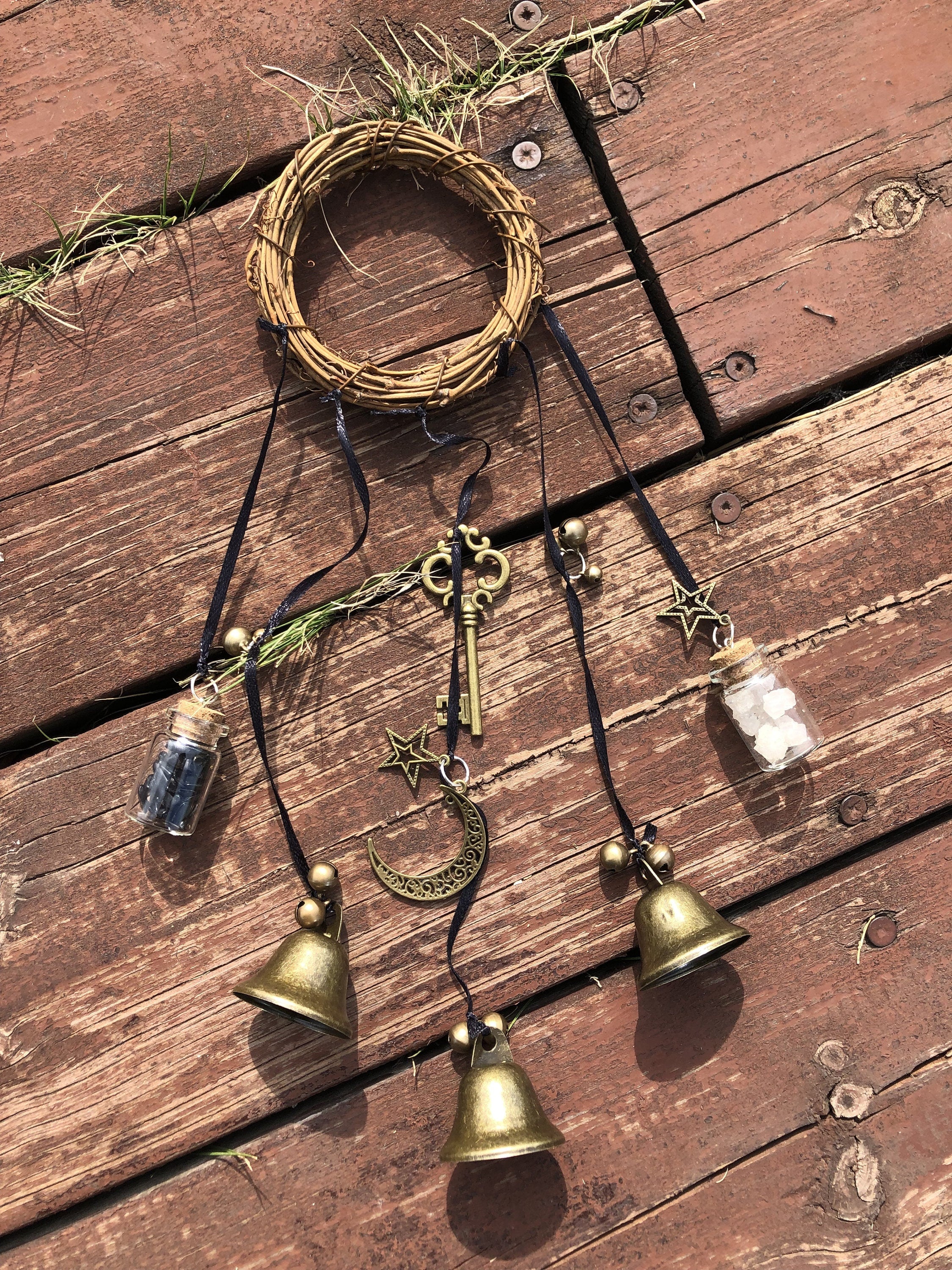 Handmade Hanging Bells, Choose Your Natural Crystal Chips, Home Protection, Witch Bells, Door Hangers, Wind Chimes, Housewarming Gifts