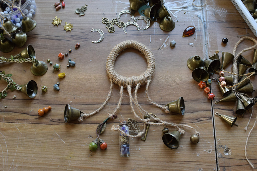 Bell Hanging with Spell Bottle, Solstice Pagan Decor, Doorknob Hanger Protection, Pagan Gate Family Protection, Witchy Bells, Spell Bottles