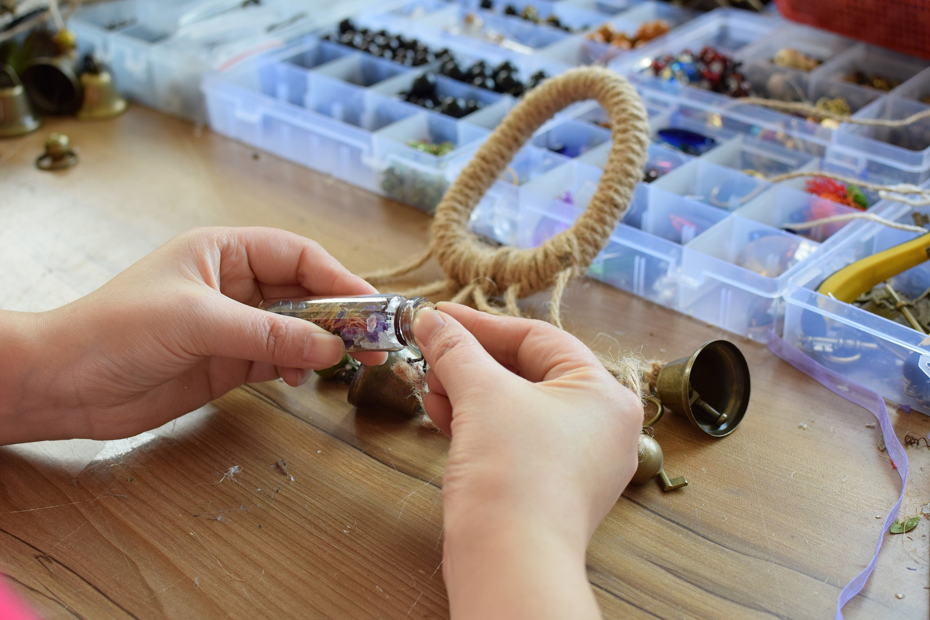 Bell Hanging with Spell Bottle, Solstice Pagan Decor, Doorknob Hanger Protection, Pagan Gate Family Protection, Witchy Bells, Spell Bottles