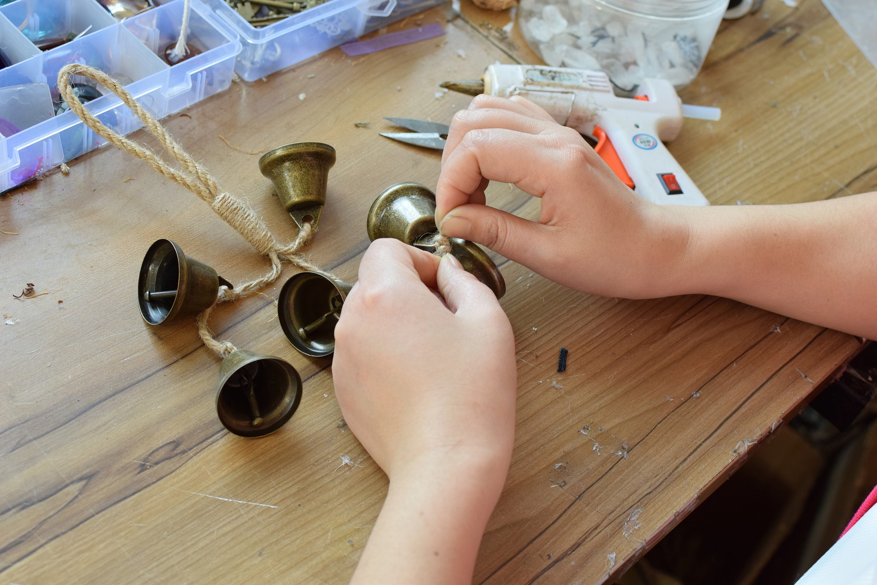 Rustic Bells on Hemp Jute Rope, Witch Home Protection Bells, Witch Gift, Wicca Supplies, Altar Kitchen, Witch Bell, Ward Gifts, Housewarming