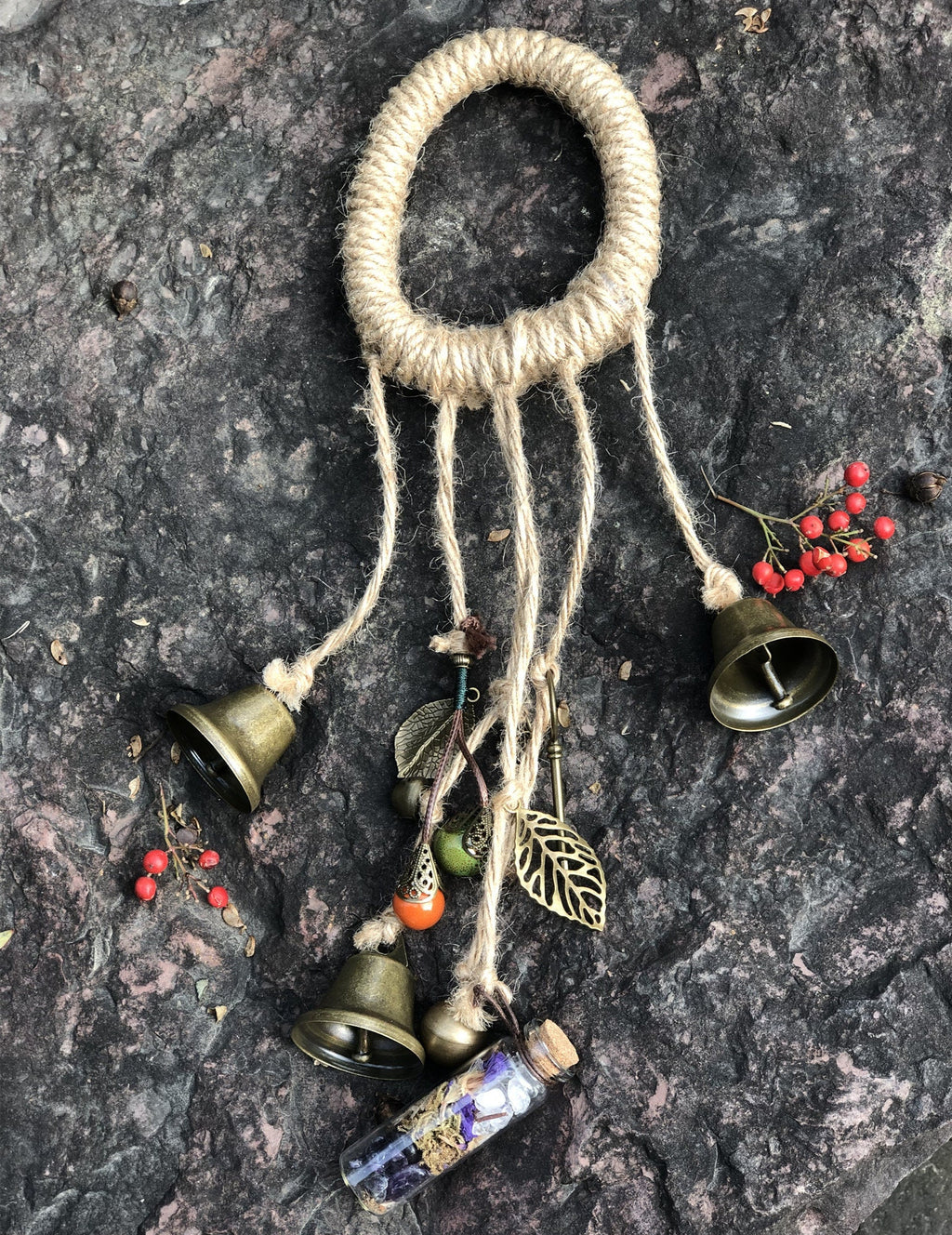Bell Hanging with Spell Bottle, Solstice Pagan Decor, Doorknob Hanger Protection, Pagan Gate Family Protection, Witchy Bells, Spell Bottles
