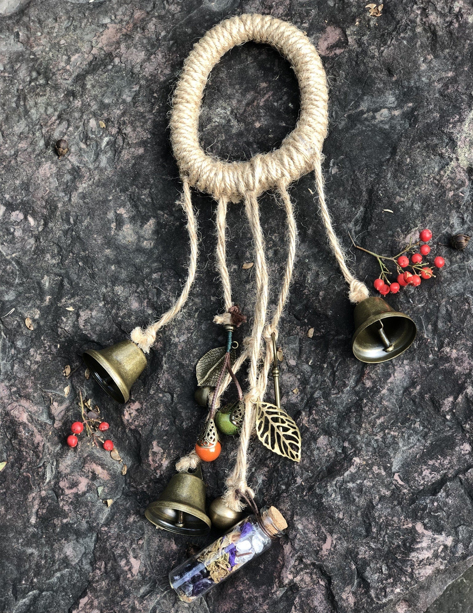 Bell Hanging with Spell Bottle, Solstice Pagan Decor, Doorknob Hanger Protection, Pagan Gate Family Protection, Witchy Bells, Spell Bottles