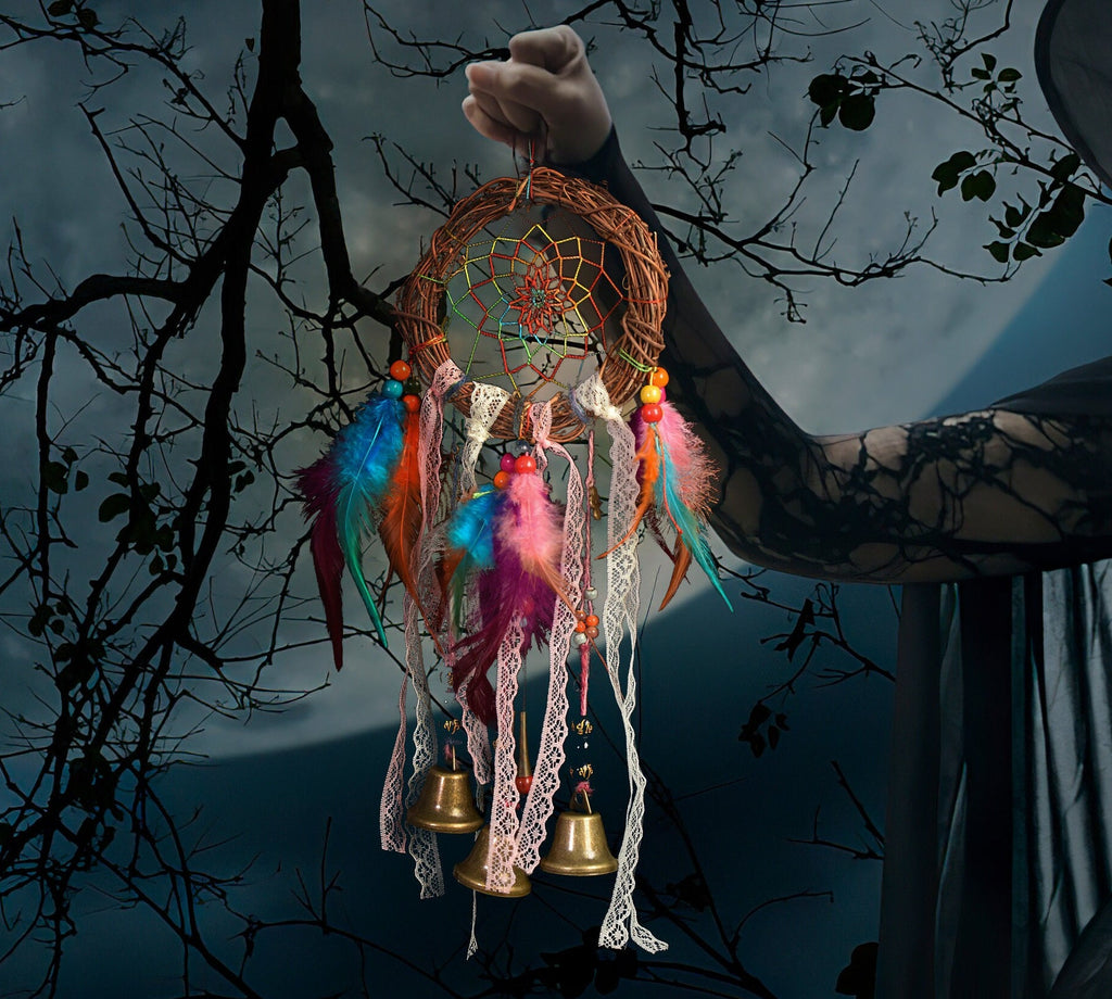Keeping Good Dreams Chasing Away Bad Dreams, Home Protection, Wicca Dreamcatcher Bells, Witch Bells, Doorknob Hanger, Protection Bells