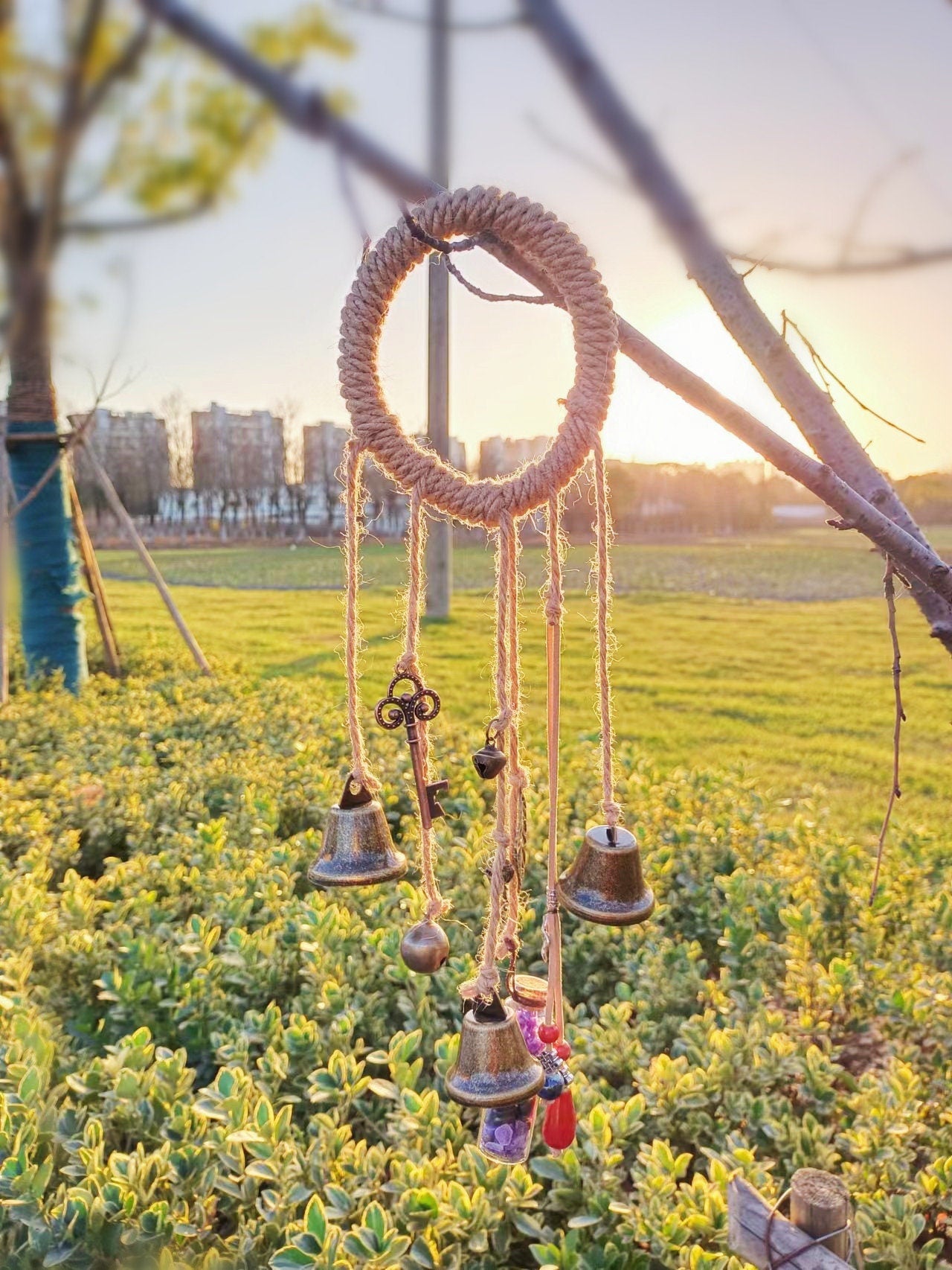 Bell Hanging with Spell Bottle, Solstice Pagan Decor, Doorknob Hanger Protection, Pagan Gate Family Protection, Witchy Bells, Spell Bottles