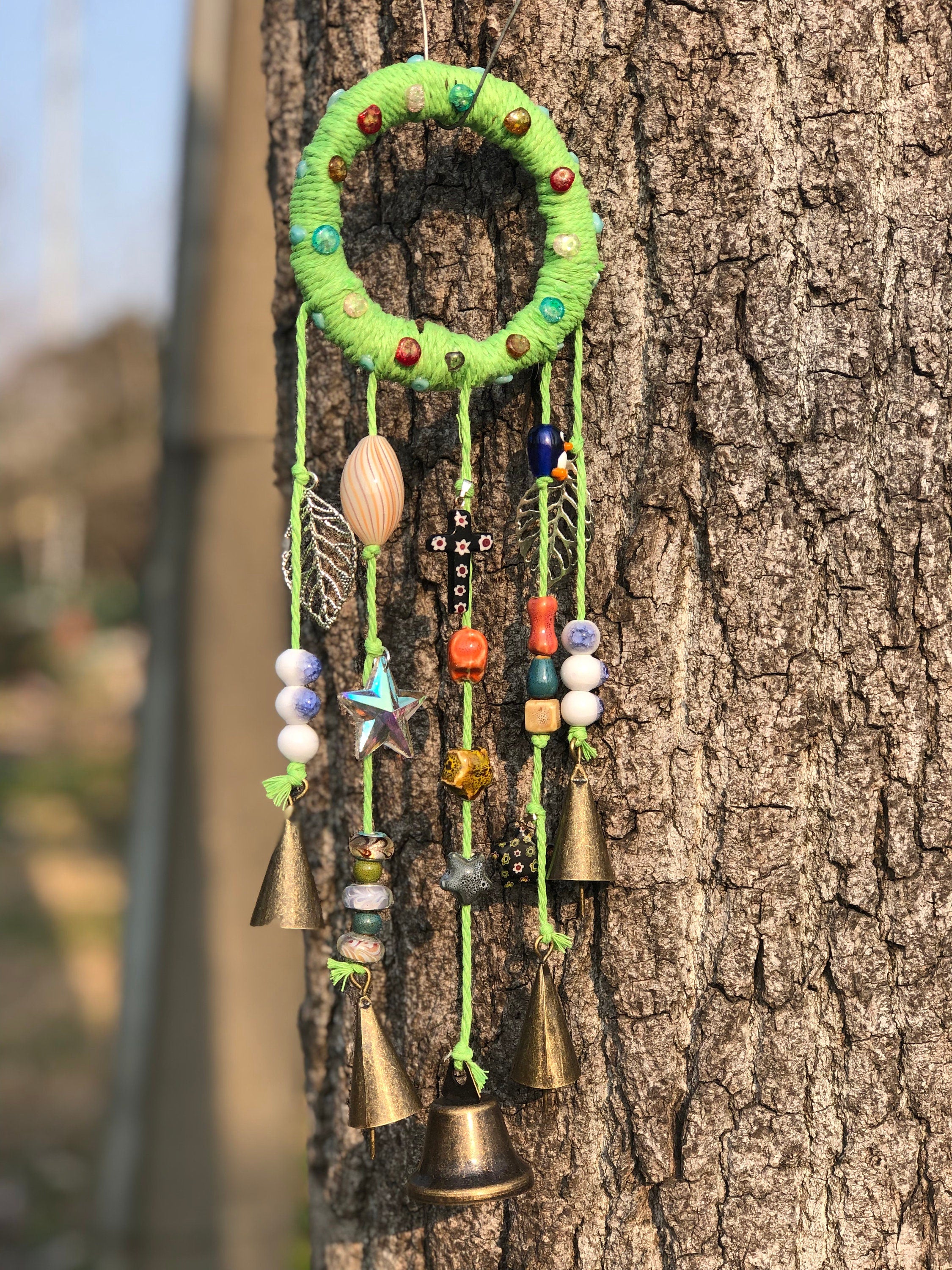 Witch Bells with Green Wreath, Hanging Wind Chime Suncatcher For Window, Door Hanger, Chime with 5 Brass Bells, Entry Way Protection Bells