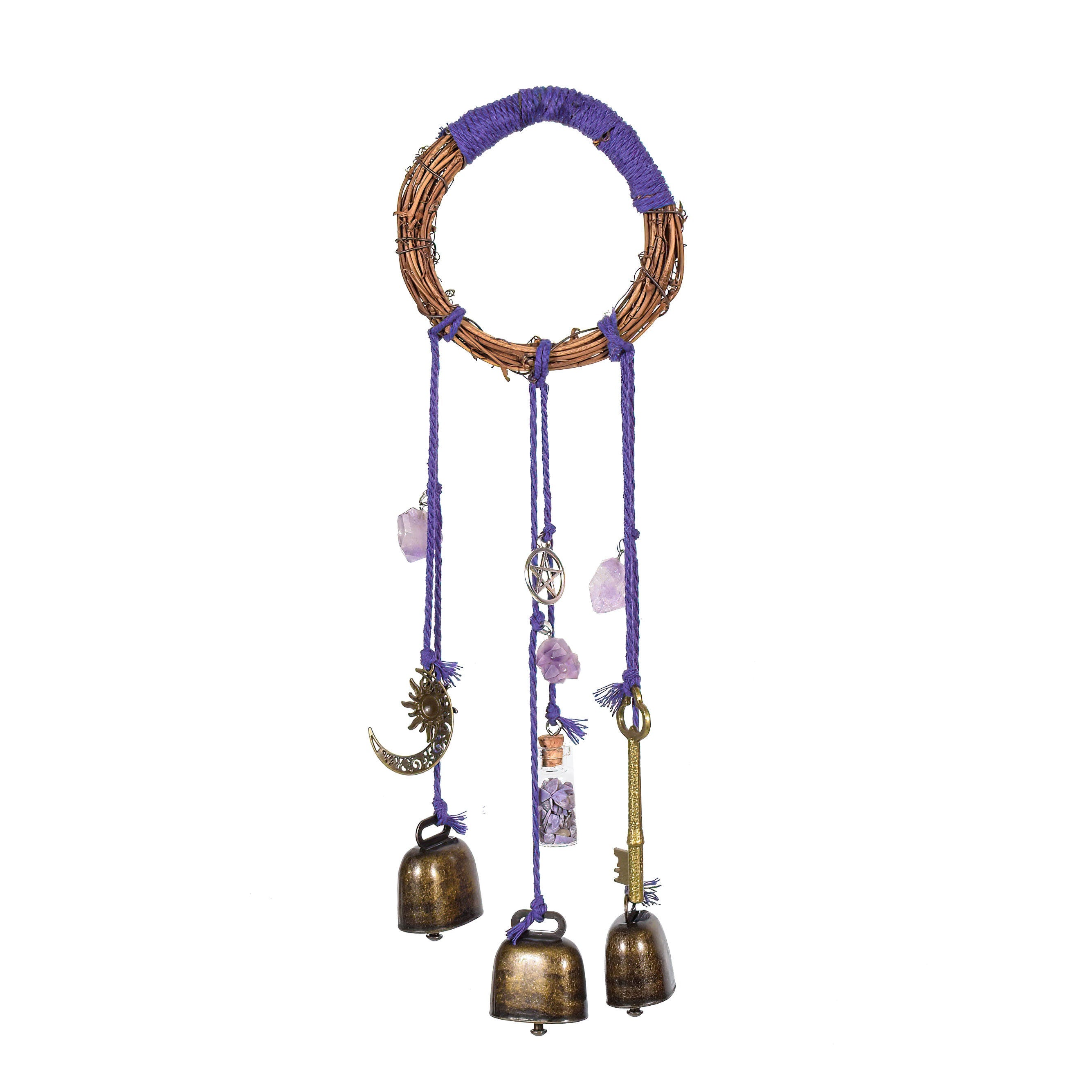 Purple Wreath Hanging Wind Chime, Amethyst Pendants with 3 Bronze Bells - Keeps Negativity Away - Witch Bells - Housewarming Gift