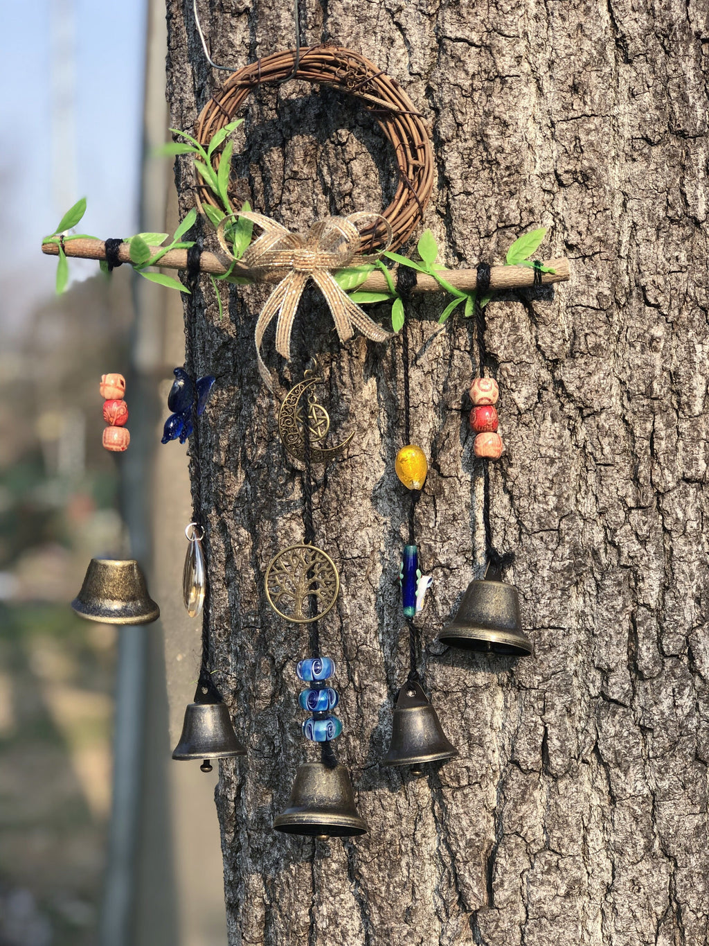Witch Bells with Bow Tie, Protection Amulet for Wiccan and Traditional Witchcraft, Tree of Life Witches Bells, Bow Tie, Door Protection