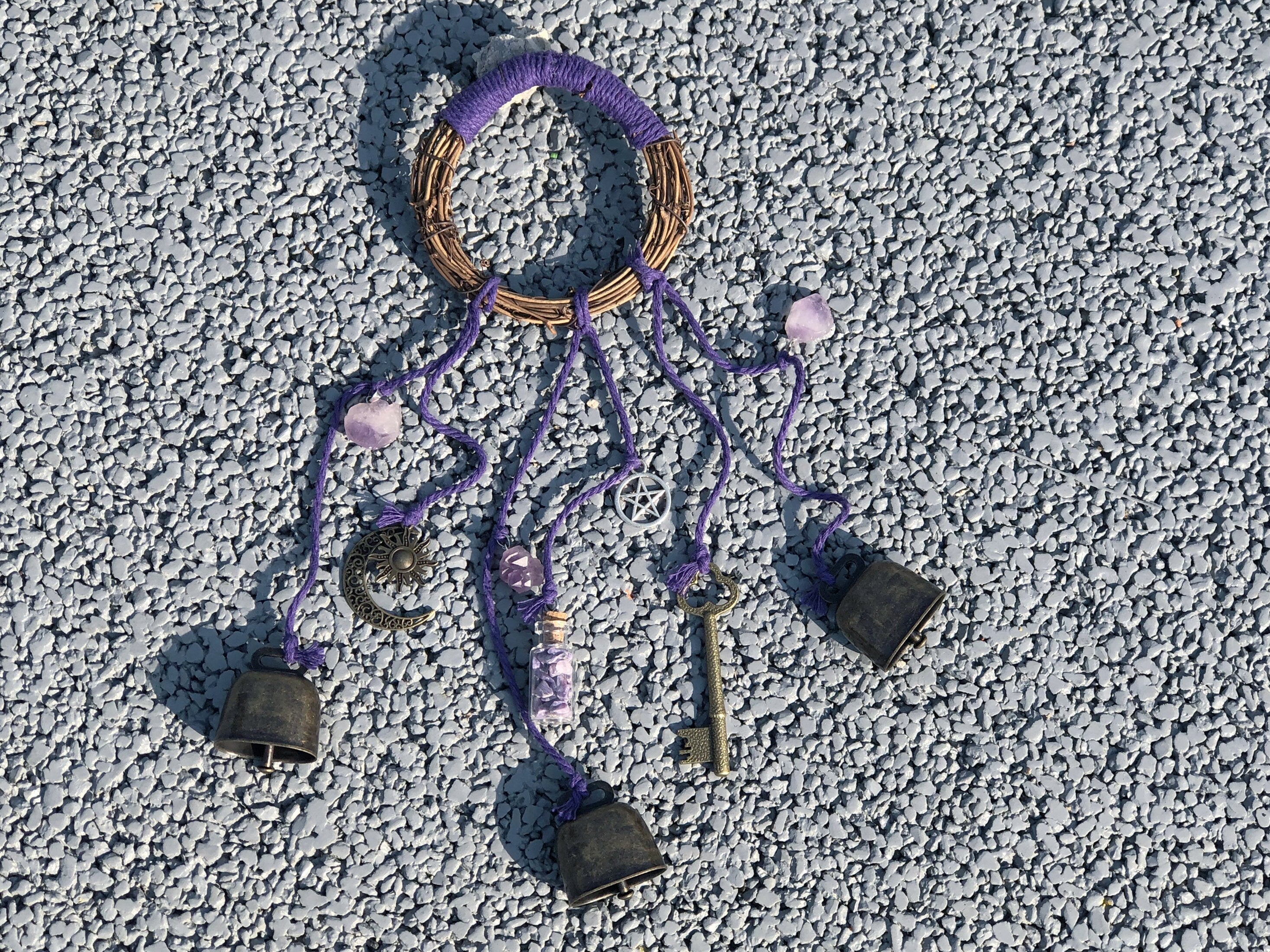 Purple Wreath Hanging Wind Chime, Amethyst Pendants with 3 Bronze Bells - Keeps Negativity Away - Witch Bells - Housewarming Gift