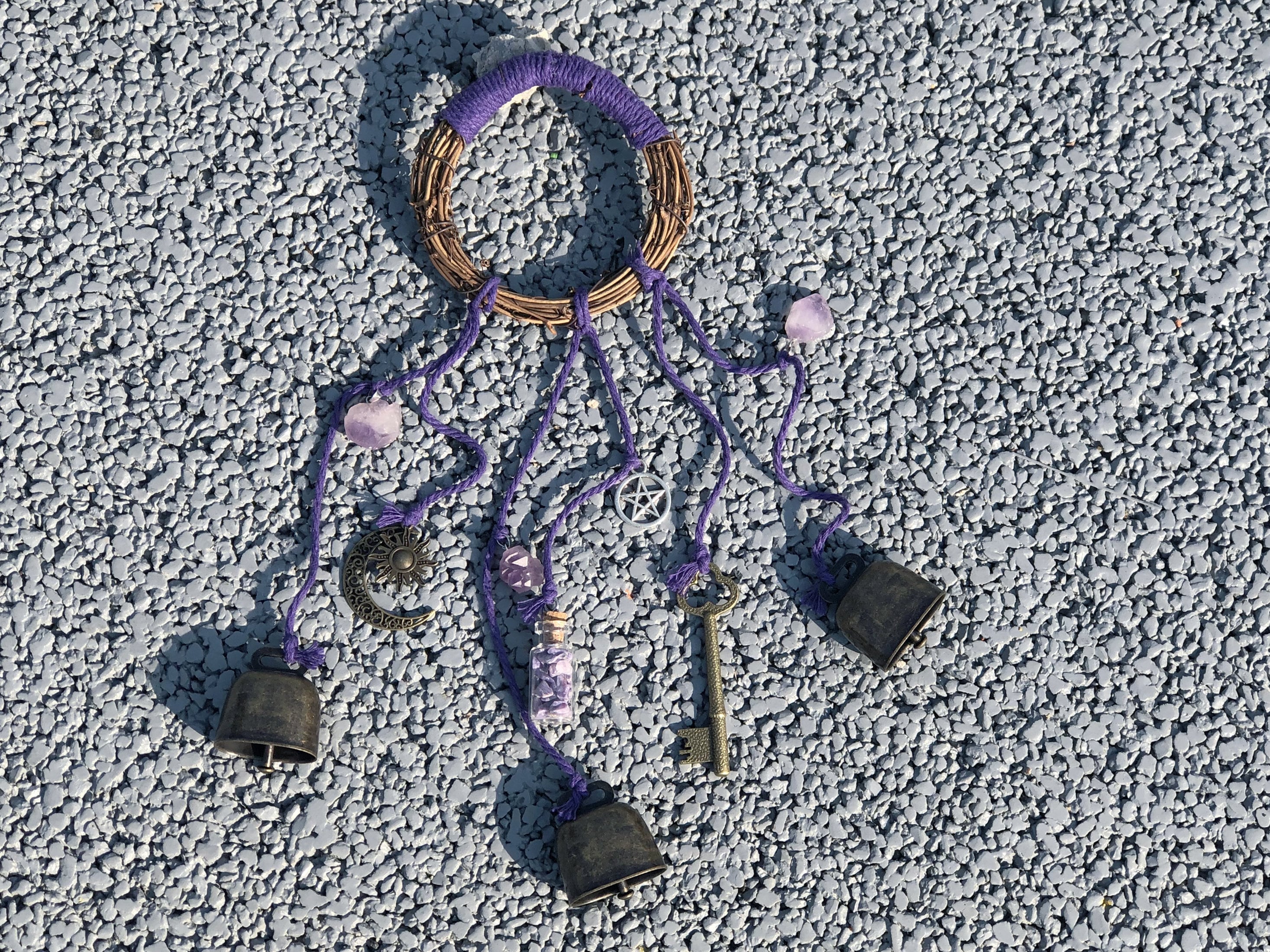 Purple Wreath Hanging Wind Chime, Amethyst Pendants with 3 Bronze Bells - Keeps Negativity Away - Witch Bells - Housewarming Gift