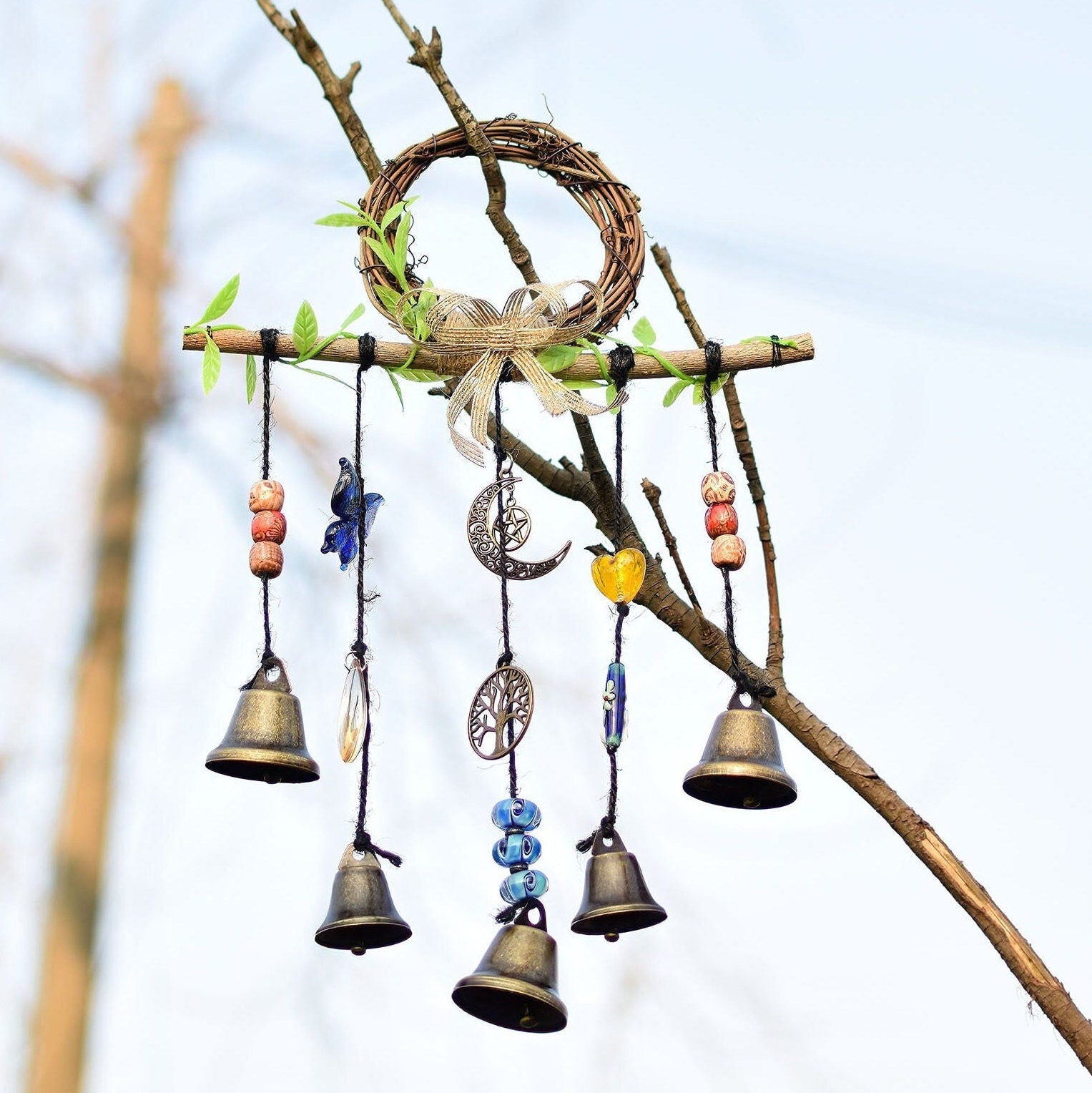 Witch Bells with Bow Tie, Protection Amulet for Wiccan and Traditional Witchcraft, Tree of Life Witches Bells, Bow Tie, Door Protection