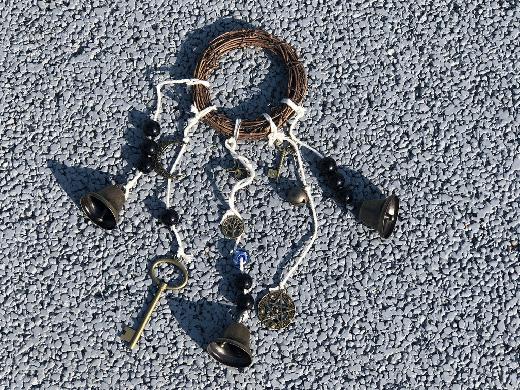 Wind Chime with 3 Bells on a Cotton Rope with Glass Beads, Reiki Blessed Bells, Housewarming Decor, Front Door Hanger, Bell for Witch