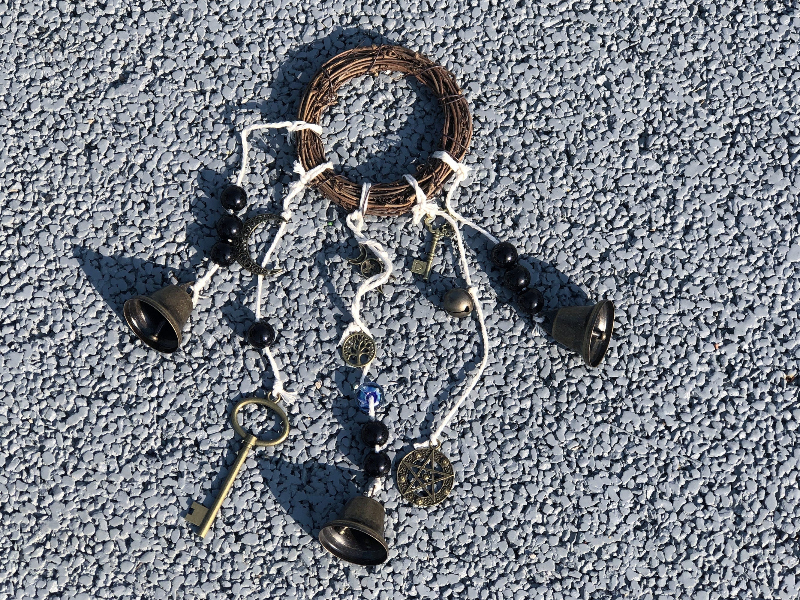 Wind Chime with 3 Bells on a Cotton Rope with Glass Beads, Reiki Blessed Bells, Housewarming Decor, Front Door Hanger, Bell for Witch