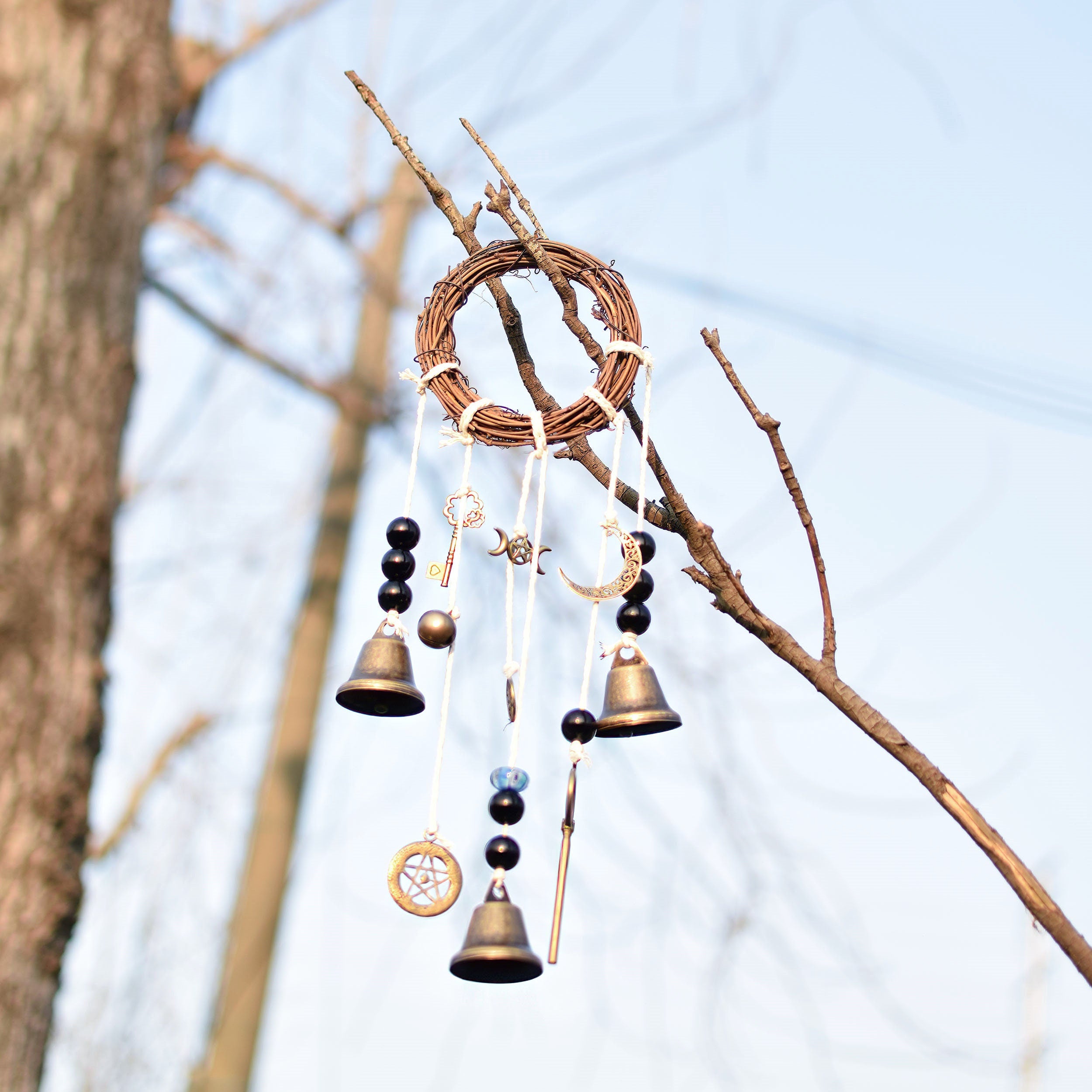 Wind Chime with 3 Bells on a Cotton Rope with Glass Beads, Reiki Blessed Bells, Housewarming Decor, Front Door Hanger, Bell for Witch