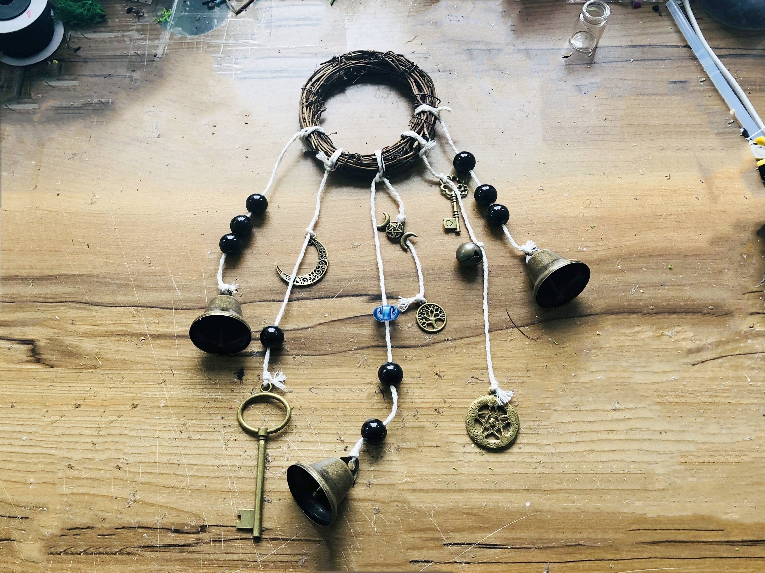Wind Chime with 3 Bells on a Cotton Rope with Glass Beads, Reiki Blessed Bells, Housewarming Decor, Front Door Hanger, Bell for Witch