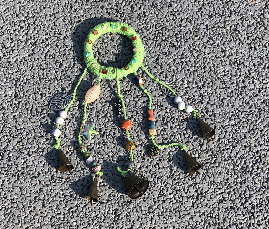 Witch Bells with Green Wreath, Hanging Wind Chime Suncatcher For Window, Door Hanger, Chime with 5 Brass Bells, Entry Way Protection Bells