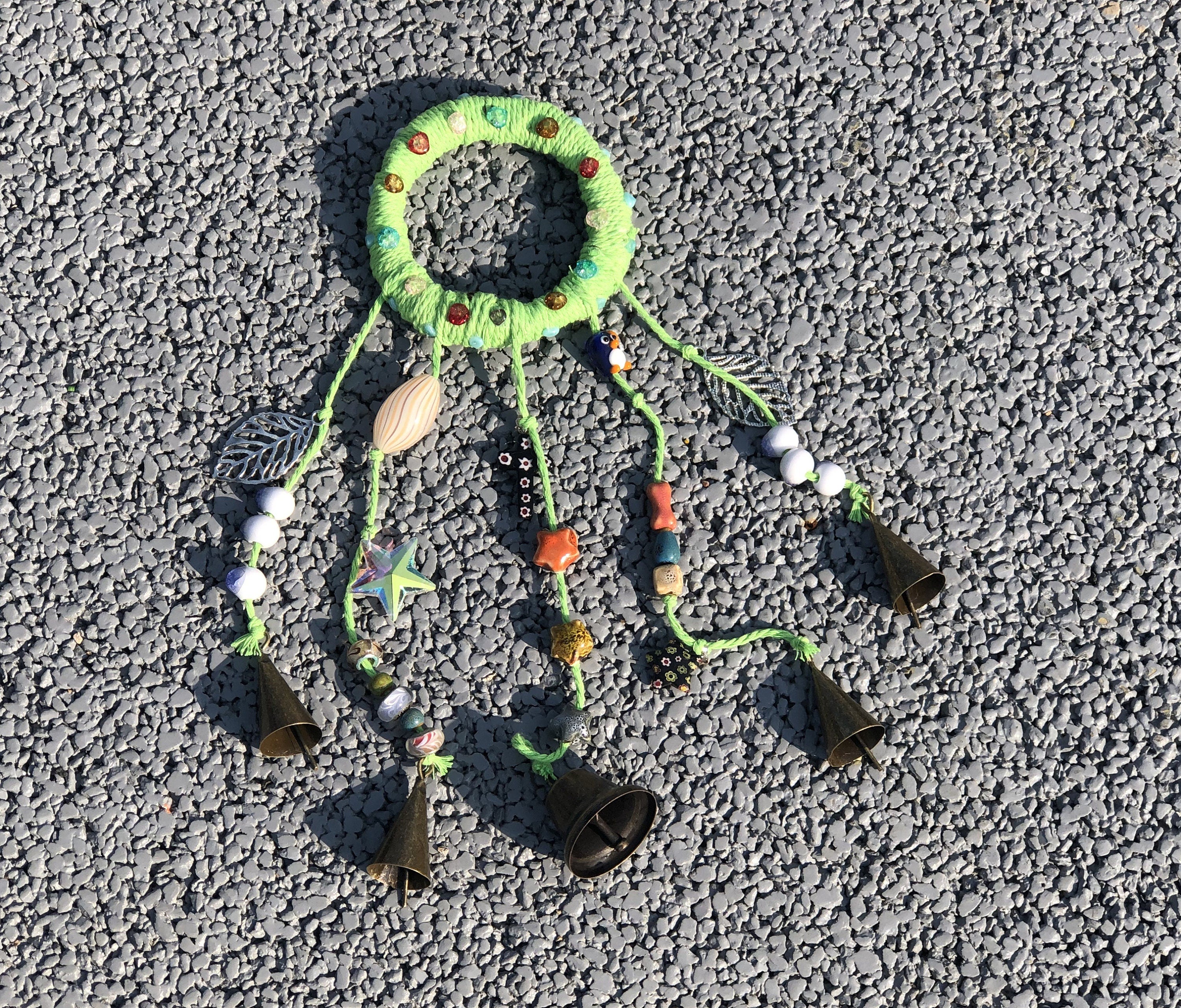 Witch Bells with Green Wreath, Hanging Wind Chime Suncatcher For Window, Door Hanger, Chime with 5 Brass Bells, Entry Way Protection Bells