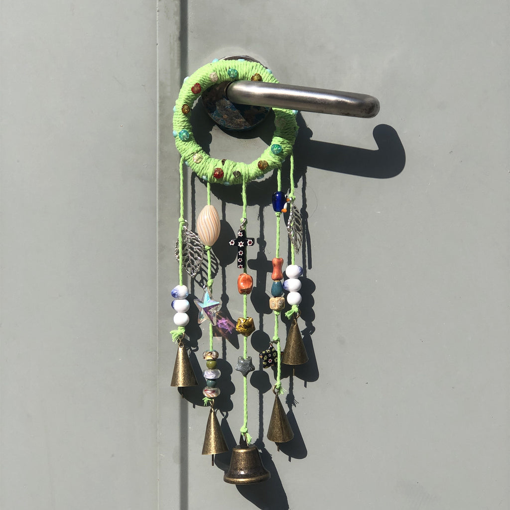 Witch Bells with Green Wreath, Hanging Wind Chime Suncatcher For Window, Door Hanger, Chime with 5 Brass Bells, Entry Way Protection Bells