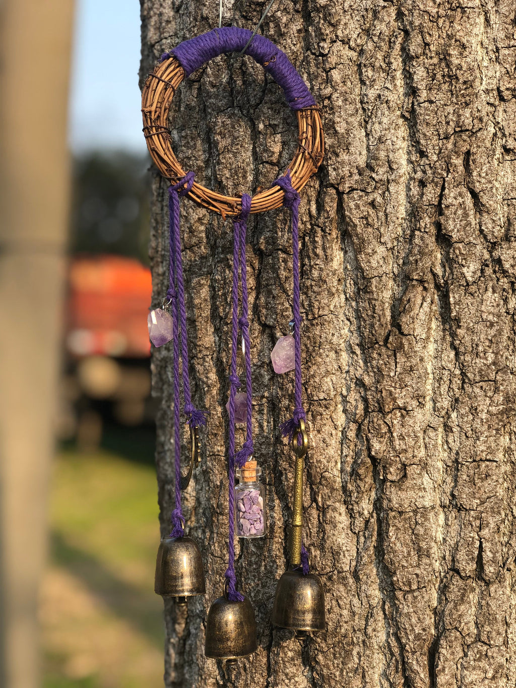 Purple Wreath Hanging Wind Chime, Amethyst Pendants with 3 Bronze Bells - Keeps Negativity Away - Witch Bells - Housewarming Gift