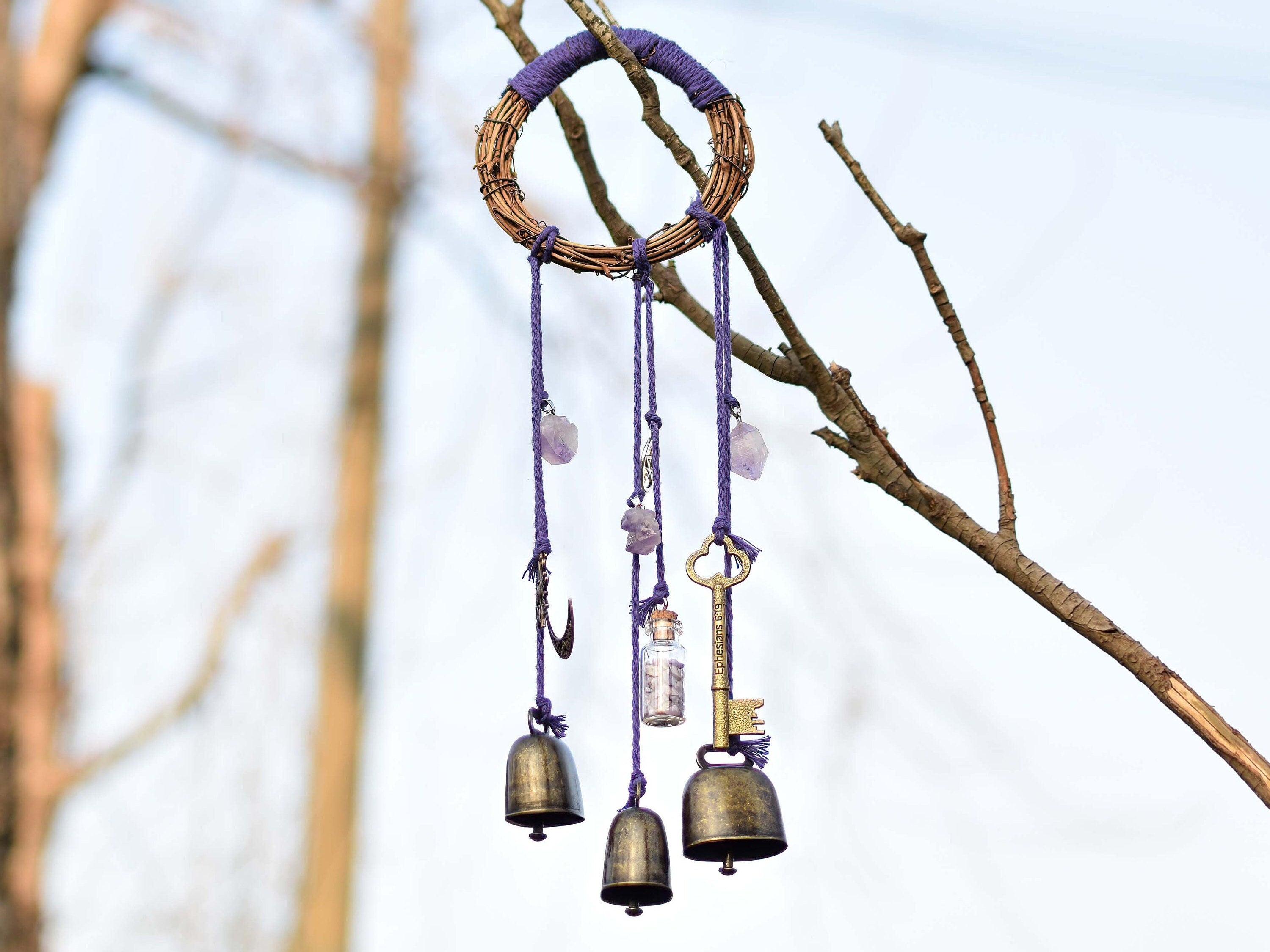 Purple Wreath Hanging Wind Chime, Amethyst Pendants with 3 Bronze Bells - Keeps Negativity Away - Witch Bells - Housewarming Gift