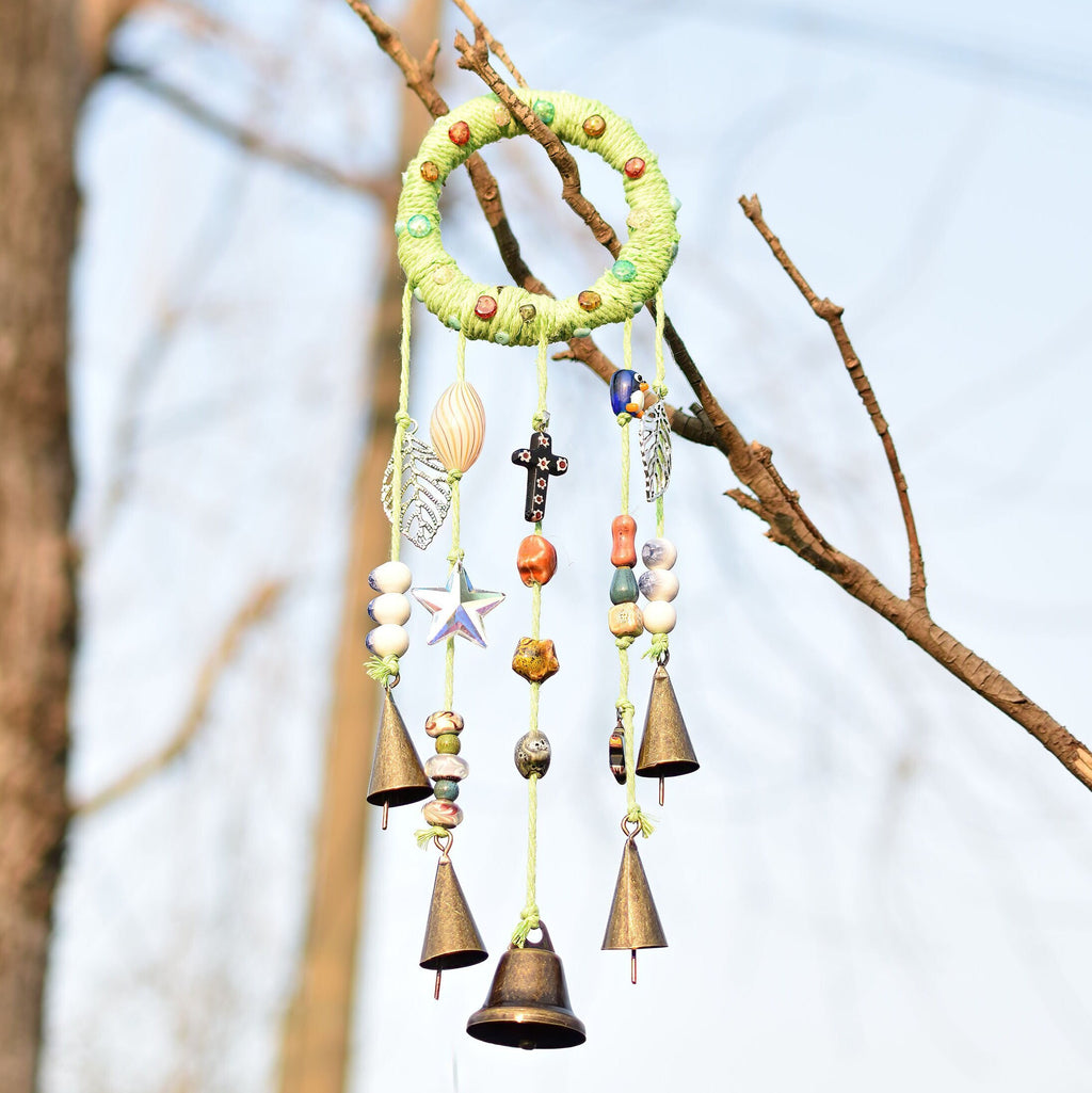 Witch Bells with Green Wreath, Hanging Wind Chime Suncatcher For Window, Door Hanger, Chime with 5 Brass Bells, Entry Way Protection Bells