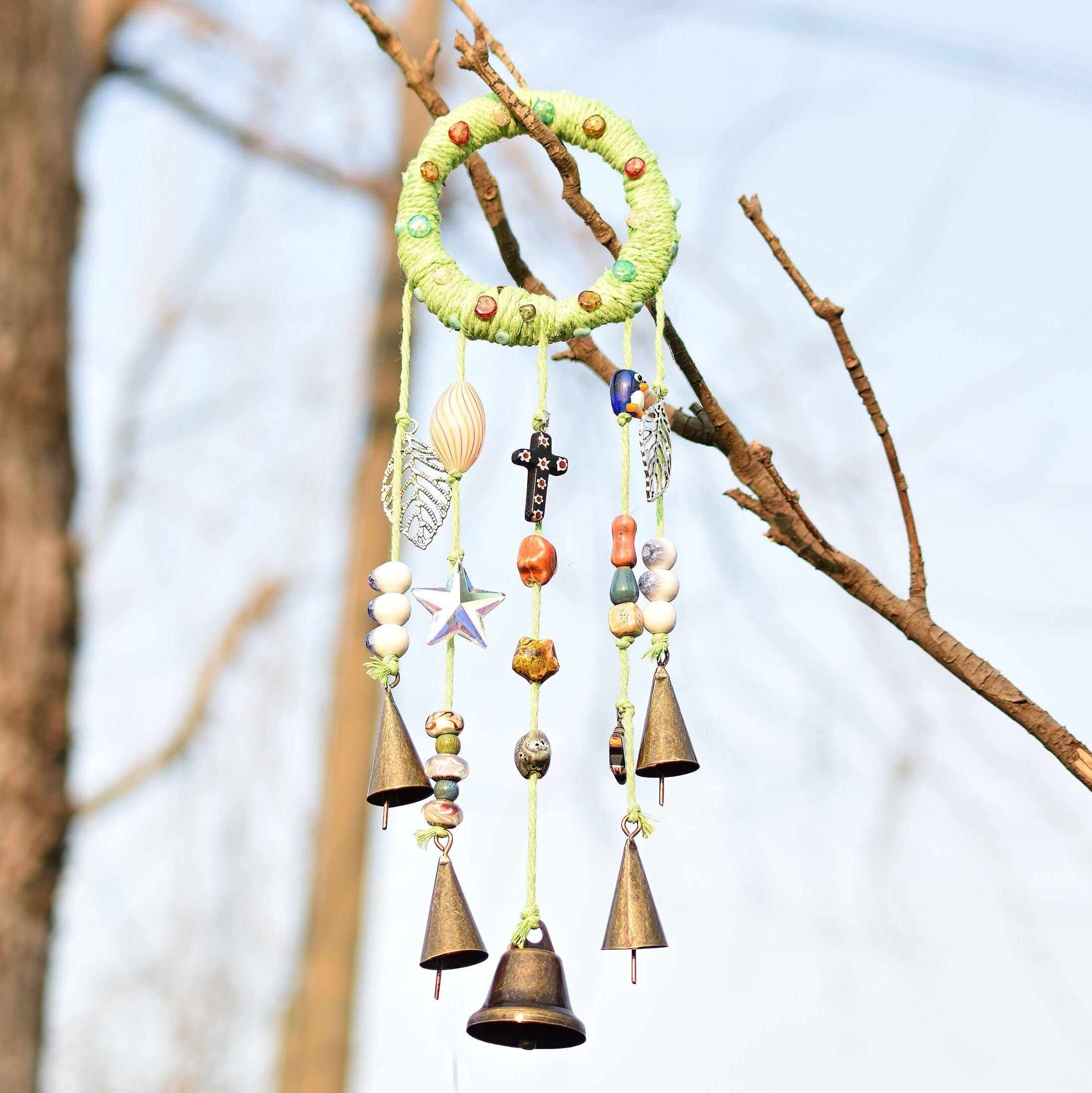 Witch Bells with Green Wreath, Hanging Wind Chime Suncatcher For Window, Door Hanger, Chime with 5 Brass Bells, Entry Way Protection Bells