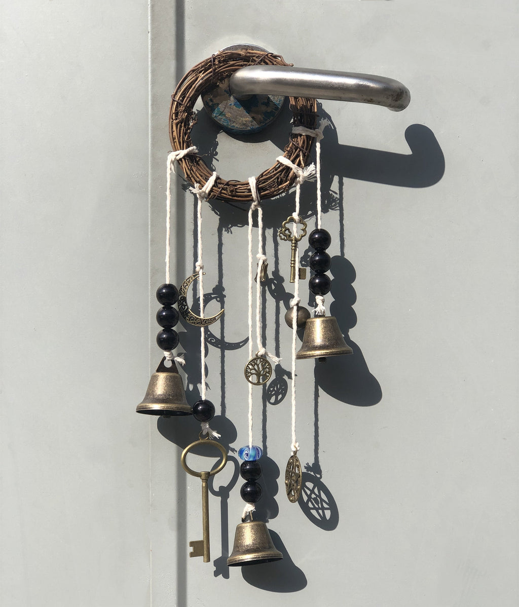 Wind Chime with 3 Bells on a Cotton Rope with Glass Beads, Reiki Blessed Bells, Housewarming Decor, Front Door Hanger, Bell for Witch