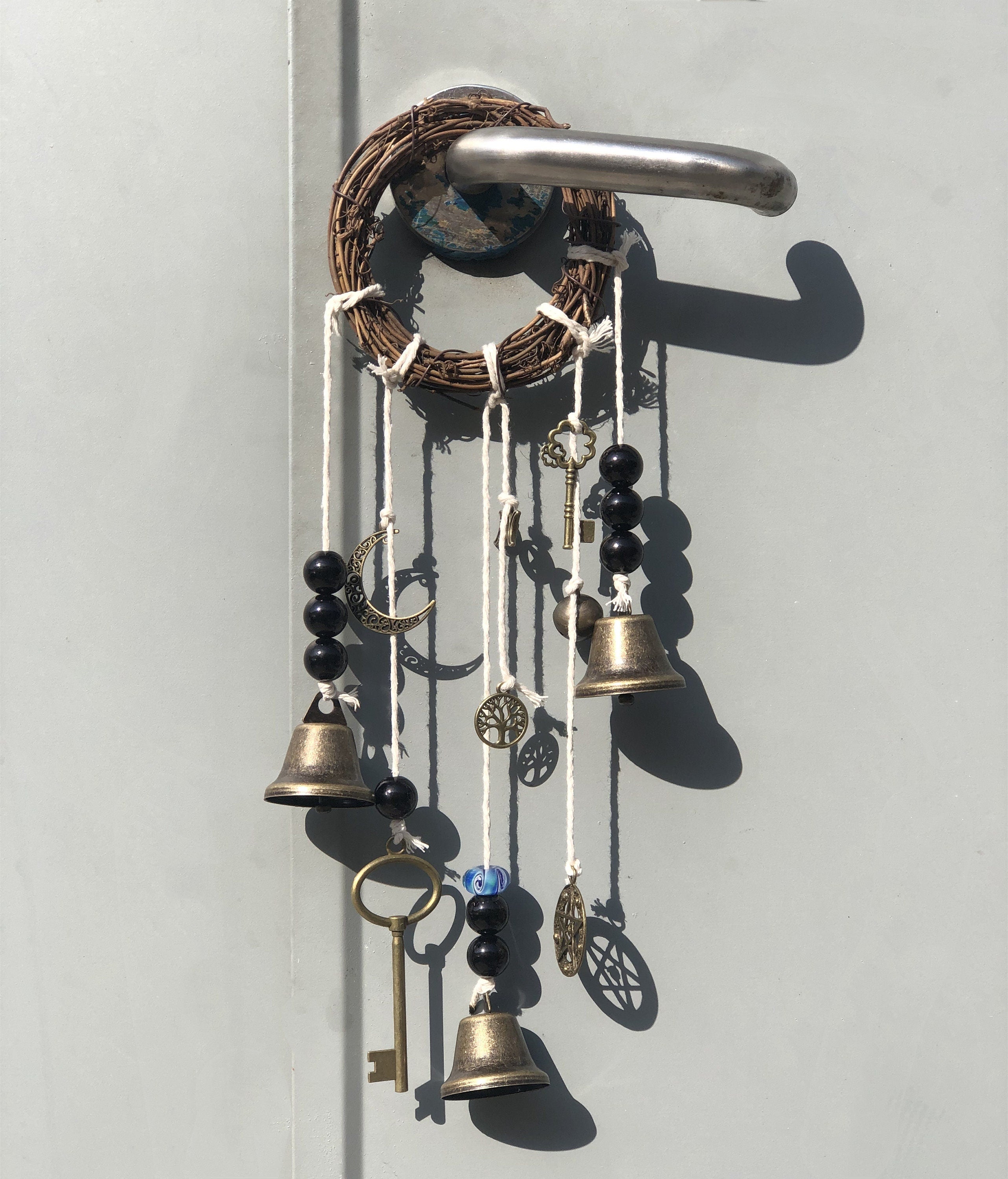 Wind Chime with 3 Bells on a Cotton Rope with Glass Beads, Reiki Blessed Bells, Housewarming Decor, Front Door Hanger, Bell for Witch
