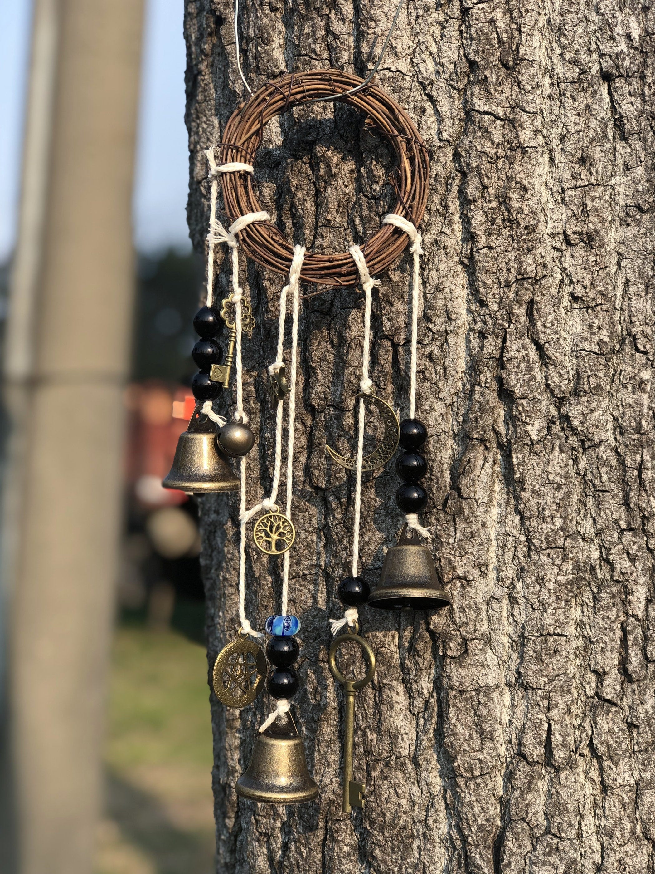 Wind Chime with 3 Bells on a Cotton Rope with Glass Beads, Reiki Blessed Bells, Housewarming Decor, Front Door Hanger, Bell for Witch