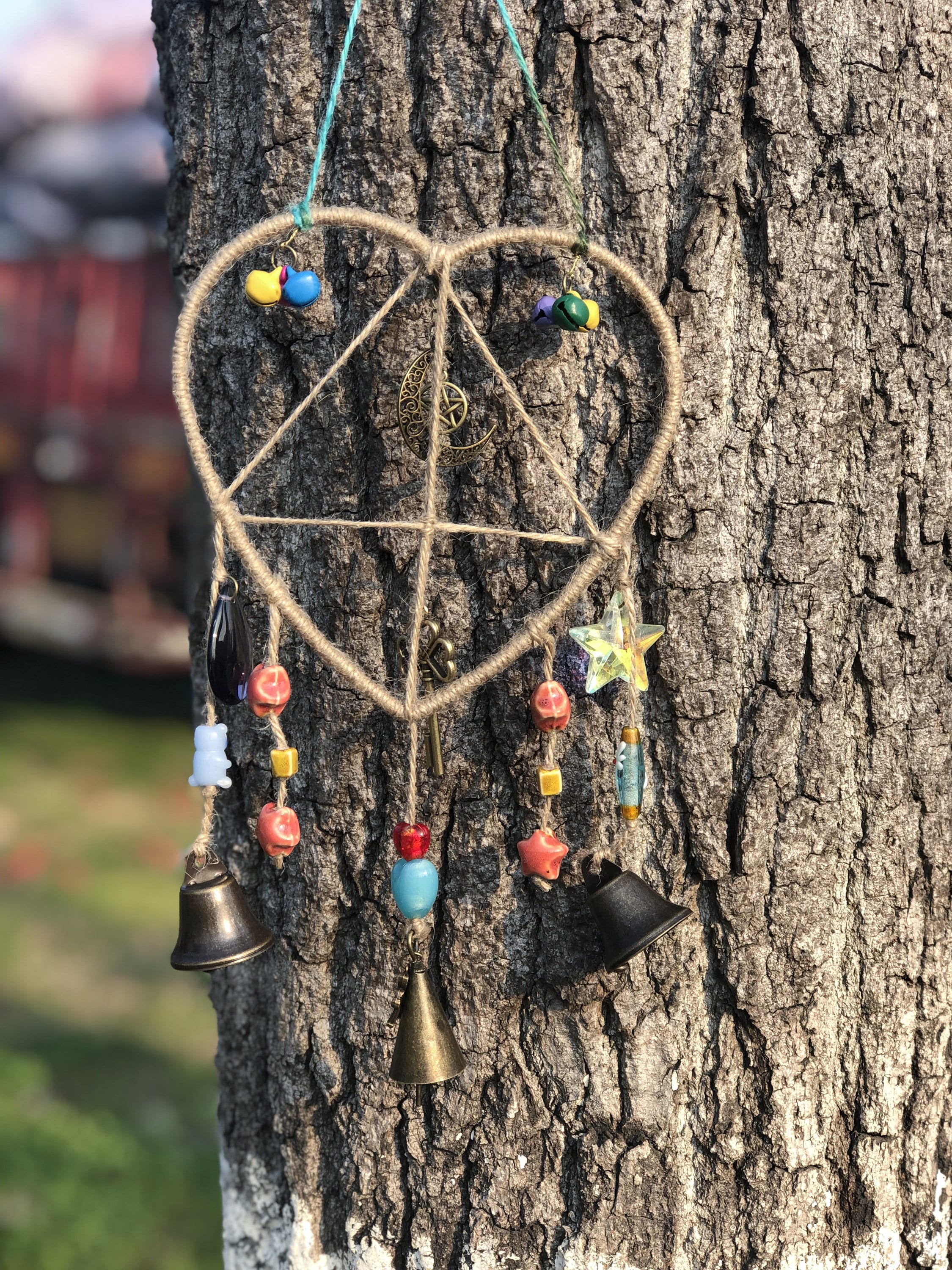 Heart Bell for Hanging, Rustic Protection Bells on Hemp Jute Rope, Witch's Bells, Simple Hanging Bells for Christmas Tree Decor