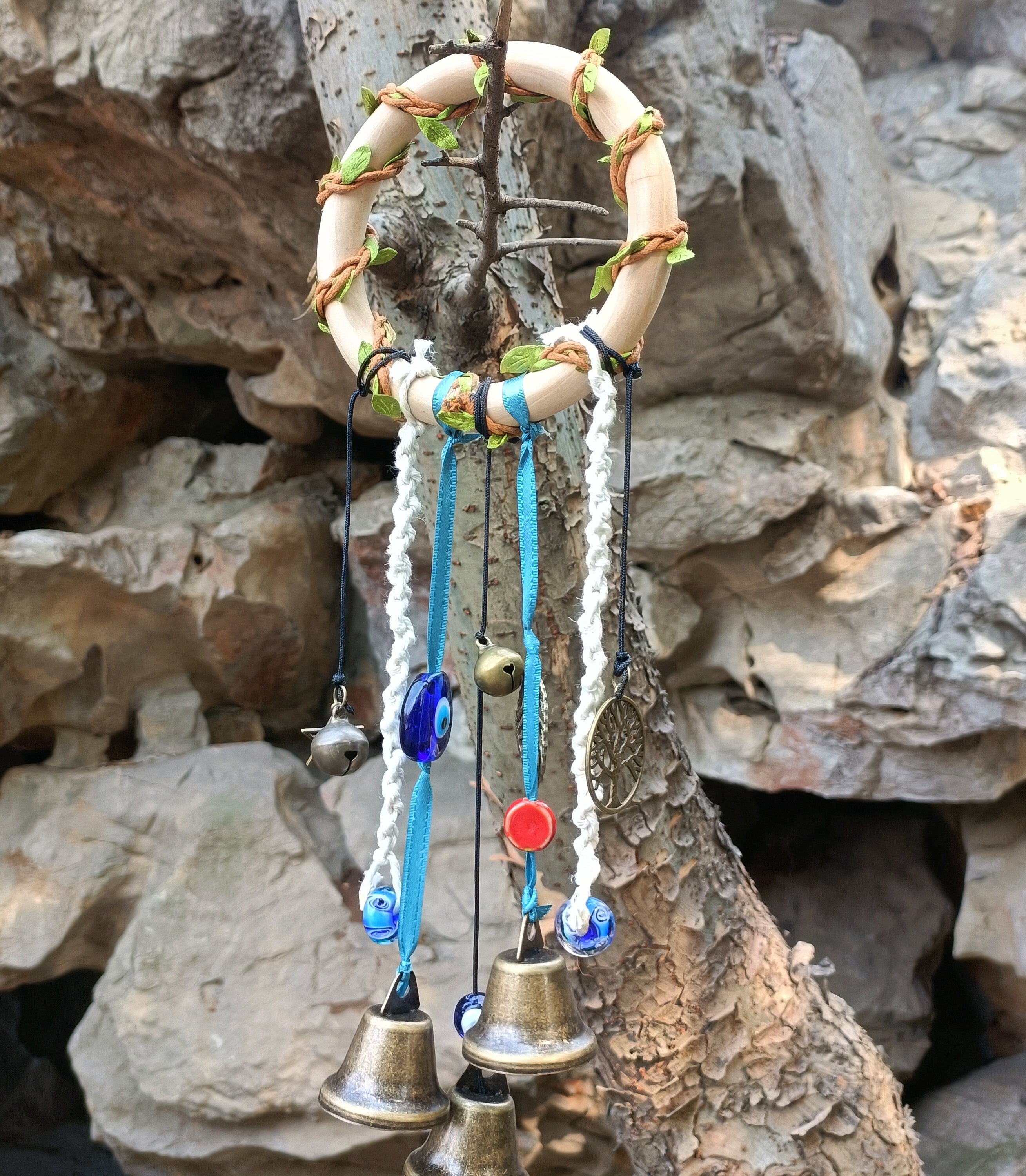 Wood Ring with 5 Brass Bell, Witch Bells for Home Protections, Wedding Gift, Spiritual Wards, Wiccan Decor