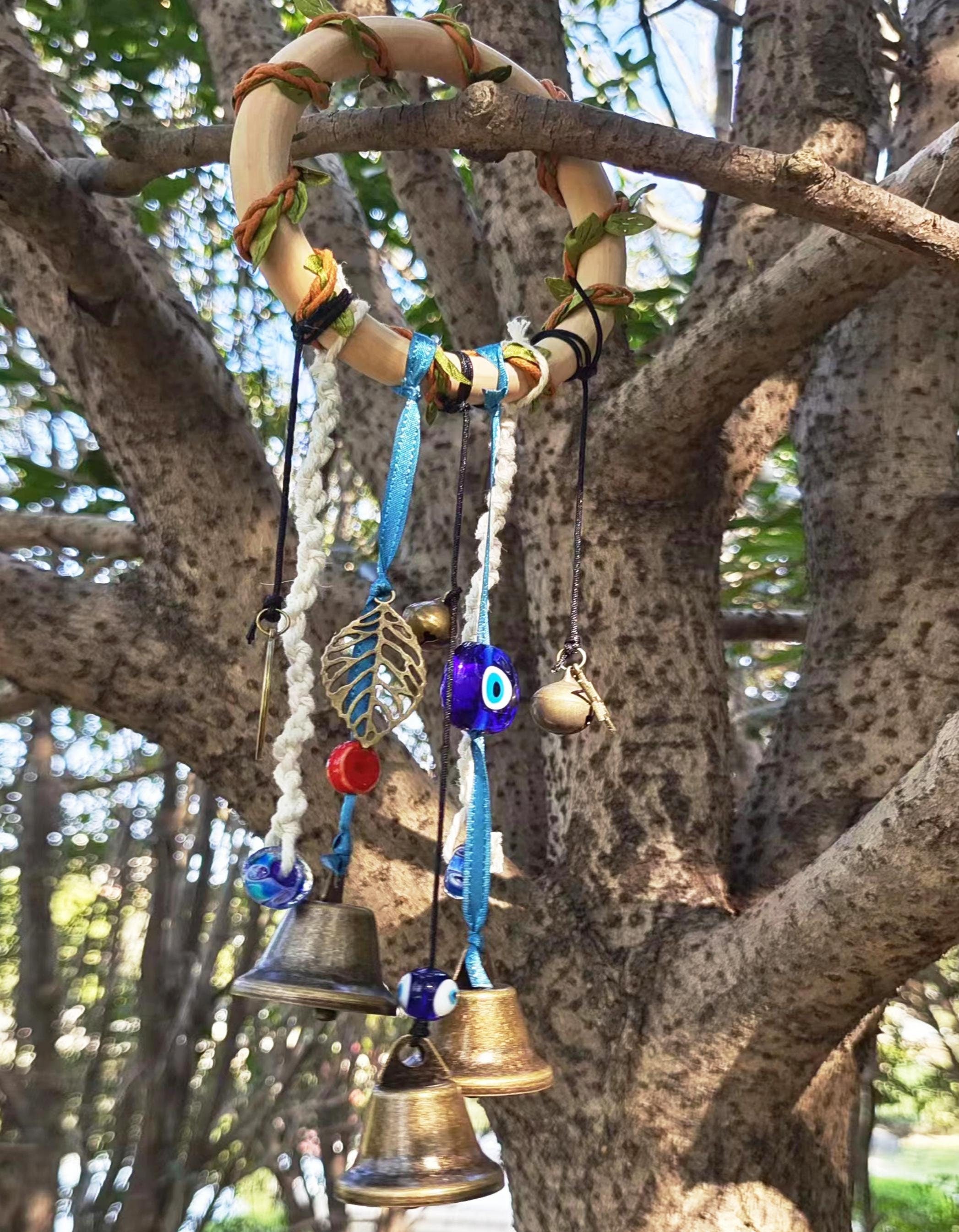 Wood Ring with 5 Brass Bell, Witch Bells for Home Protections, Wedding Gift, Spiritual Wards, Wiccan Decor