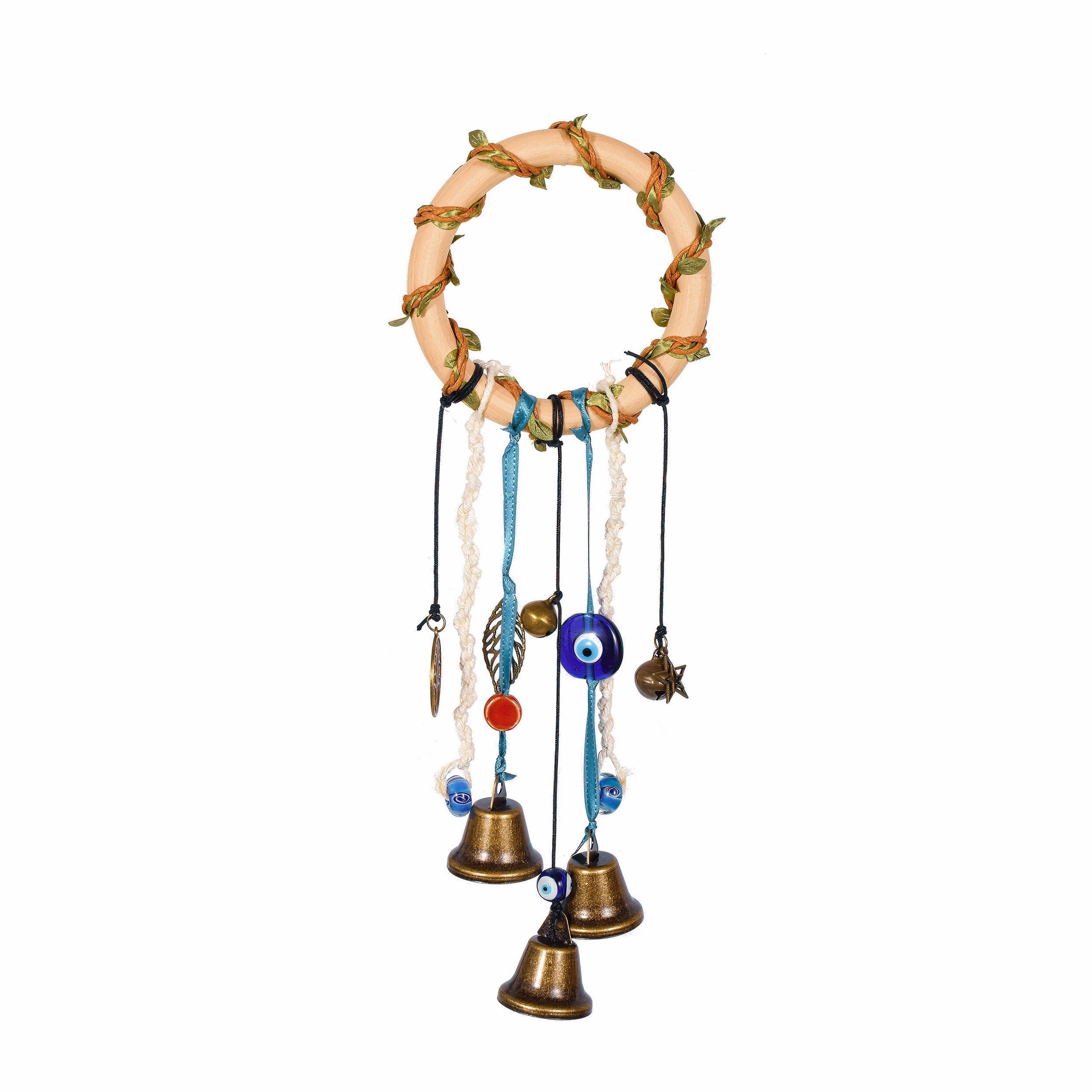 Wood Ring with 5 Brass Bell, Witch Bells for Home Protections, Wedding Gift, Spiritual Wards, Wiccan Decor