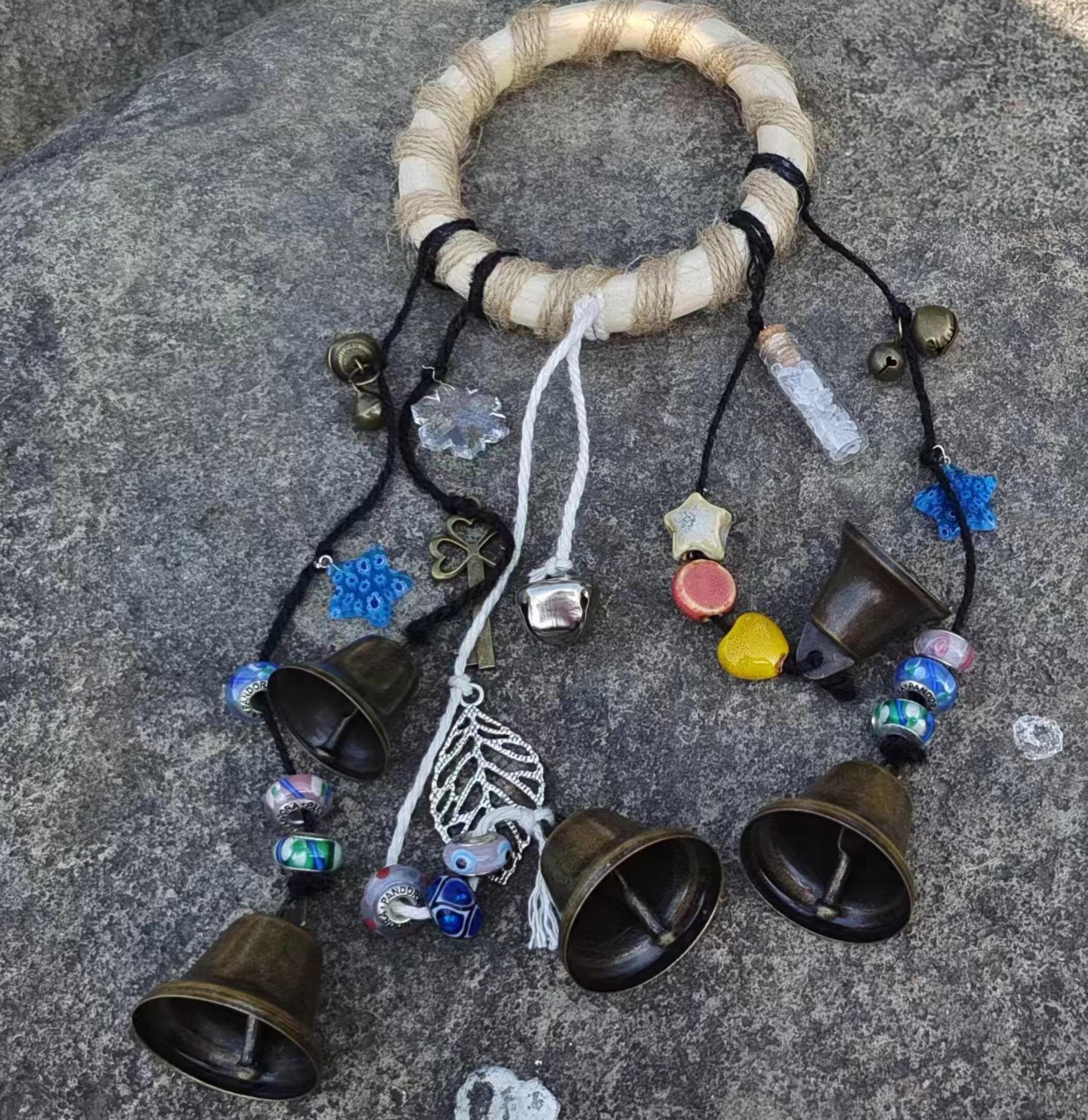 Log Witch Bells, Witch Bells with Blue Ribbons, Ritual Altar Tools, Rustic Vintage Door Hanging, Wicca Gift for Witch Pagan, Wards gifts