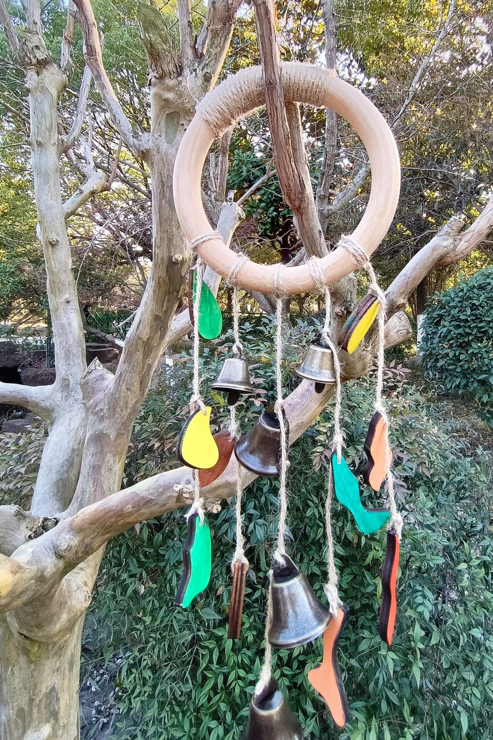 Log Wreath with Hanging Bells, Witch Bells for Door Protection, Witch Bells Wreath, Witchy Decor Bedroom, Witchy Gifts for Women