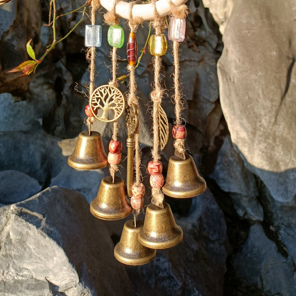 Log Wreath Witch Bells, Hanging Witch Bells, Witch Bells for Door Knob, Rustic Bells for Kitchen, Harmony Witch Bells