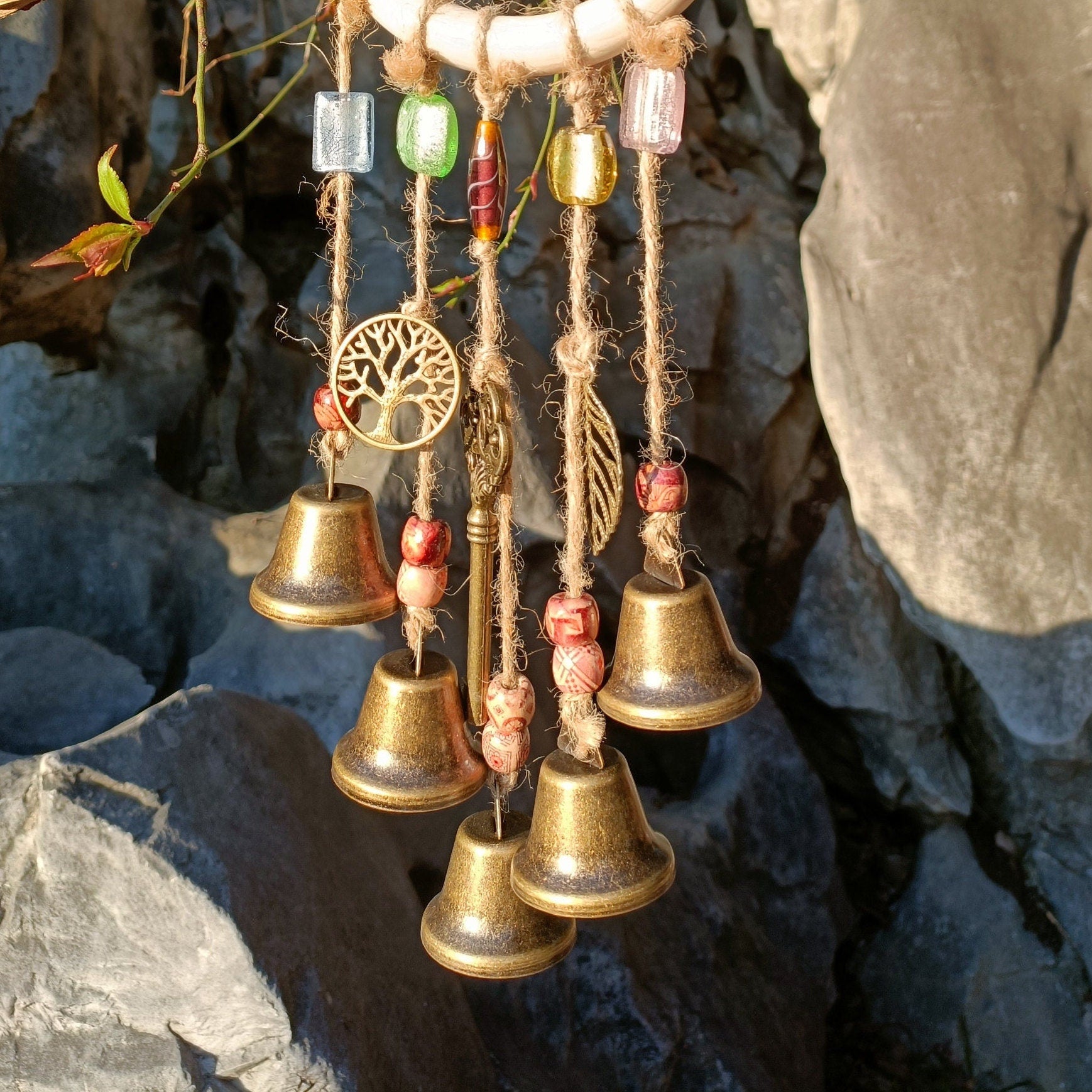 Log Wreath Witch Bells, Hanging Witch Bells, Witch Bells for Door Knob, Rustic Bells for Kitchen, Harmony Witch Bells