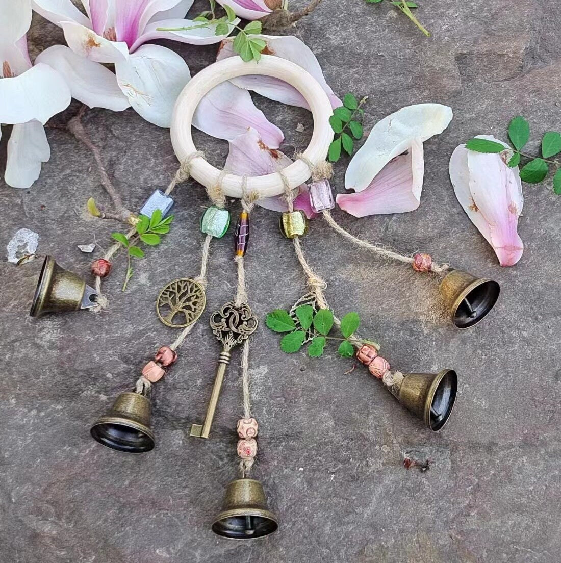 Log Wreath Witch Bells, Hanging Witch Bells, Witch Bells for Door Knob, Rustic Bells for Kitchen, Harmony Witch Bells