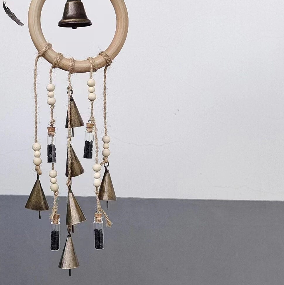 Wood Loop Wind Chime, Hanging Bells for Door Protection, Wooden Ring Witch Bells for Wreath, Wicca Decor