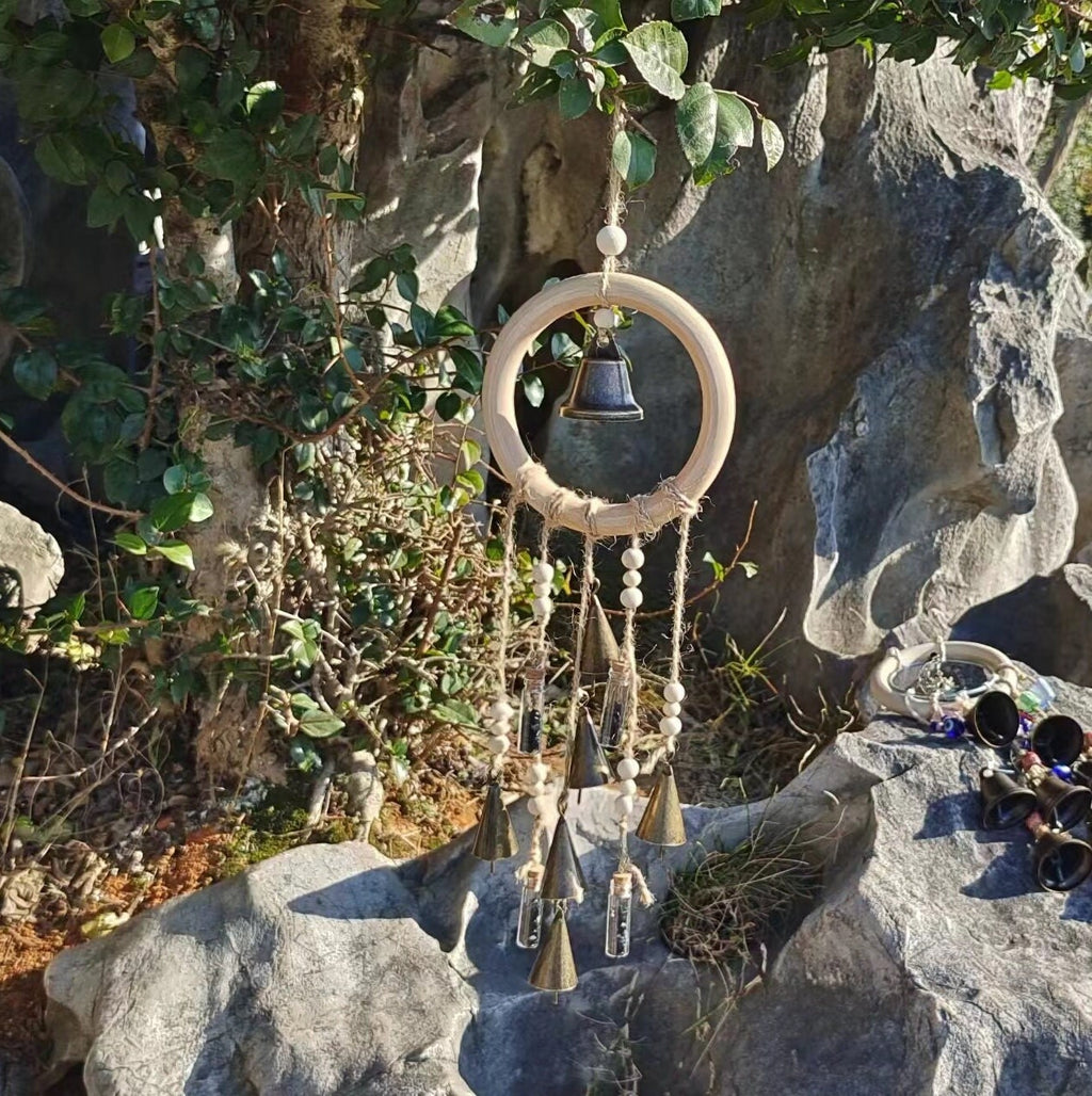 Wood Loop Wind Chime, Hanging Bells for Door Protection, Wooden Ring Witch Bells for Wreath, Wicca Decor