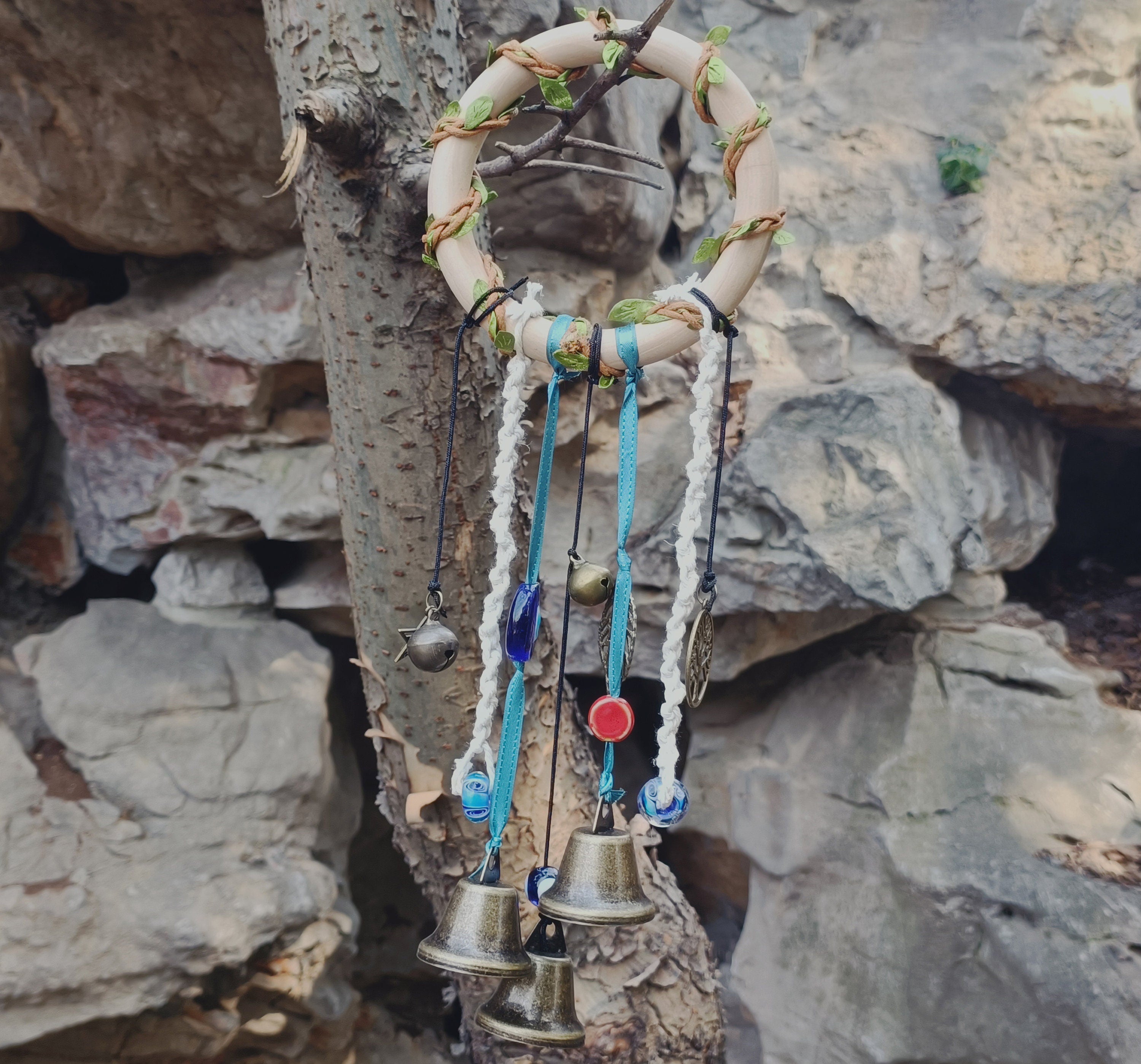 Wood Ring with 5 Brass Bell, Witch Bells for Home Protections, Wedding Gift, Spiritual Wards, Wiccan Decor