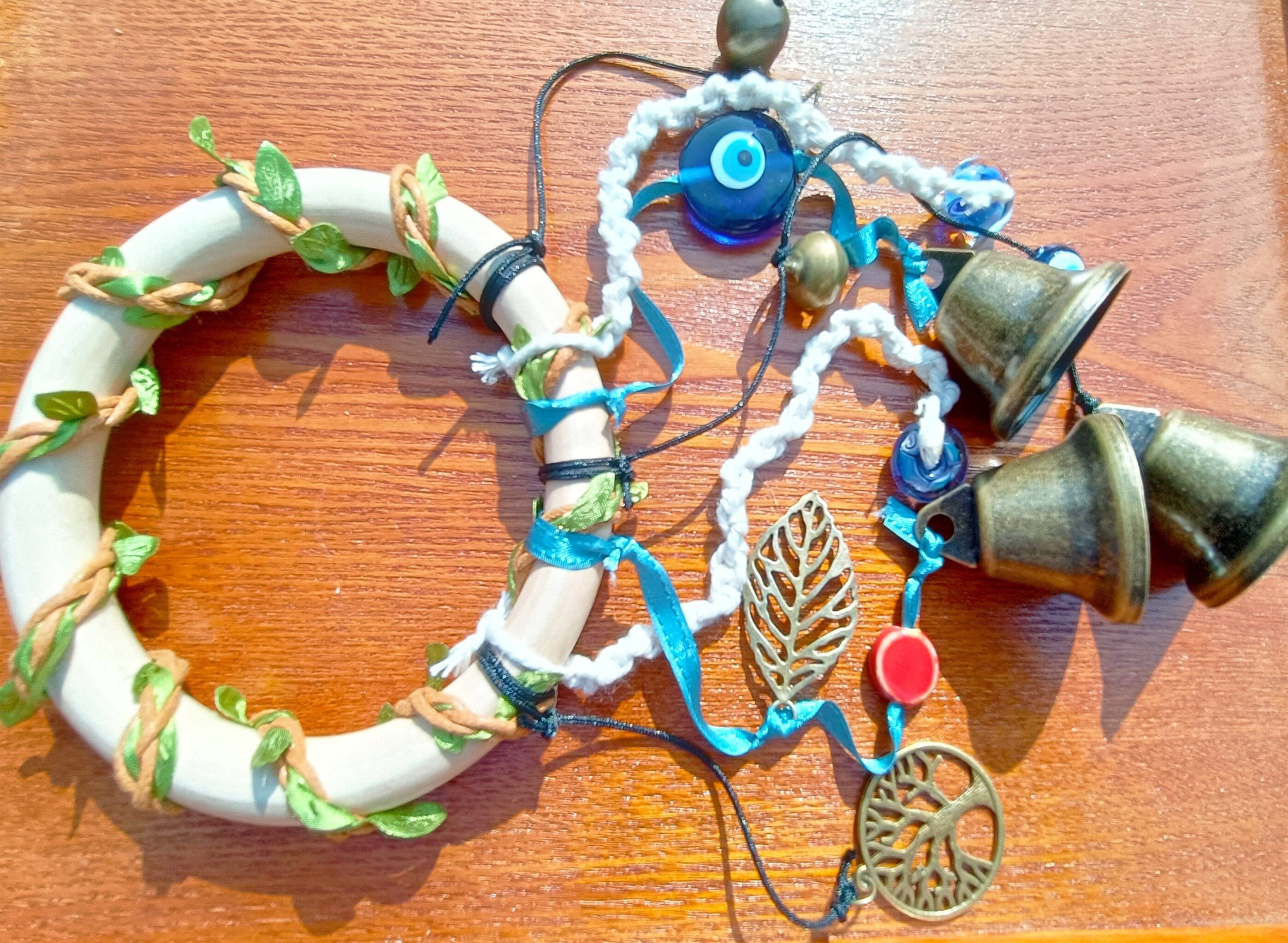 Wood Ring with 5 Brass Bell, Witch Bells for Home Protections, Wedding Gift, Spiritual Wards, Wiccan Decor