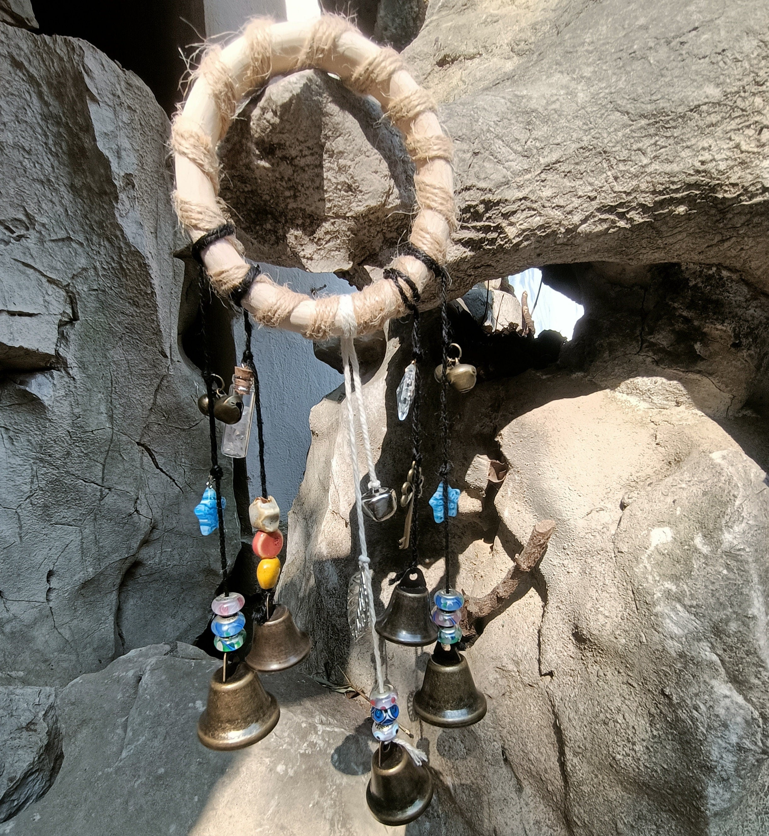 Log Witch Bells, Witch Bells with Blue Ribbons, Ritual Altar Tools, Rustic Vintage Door Hanging, Wicca Gift for Witch Pagan, Wards gifts